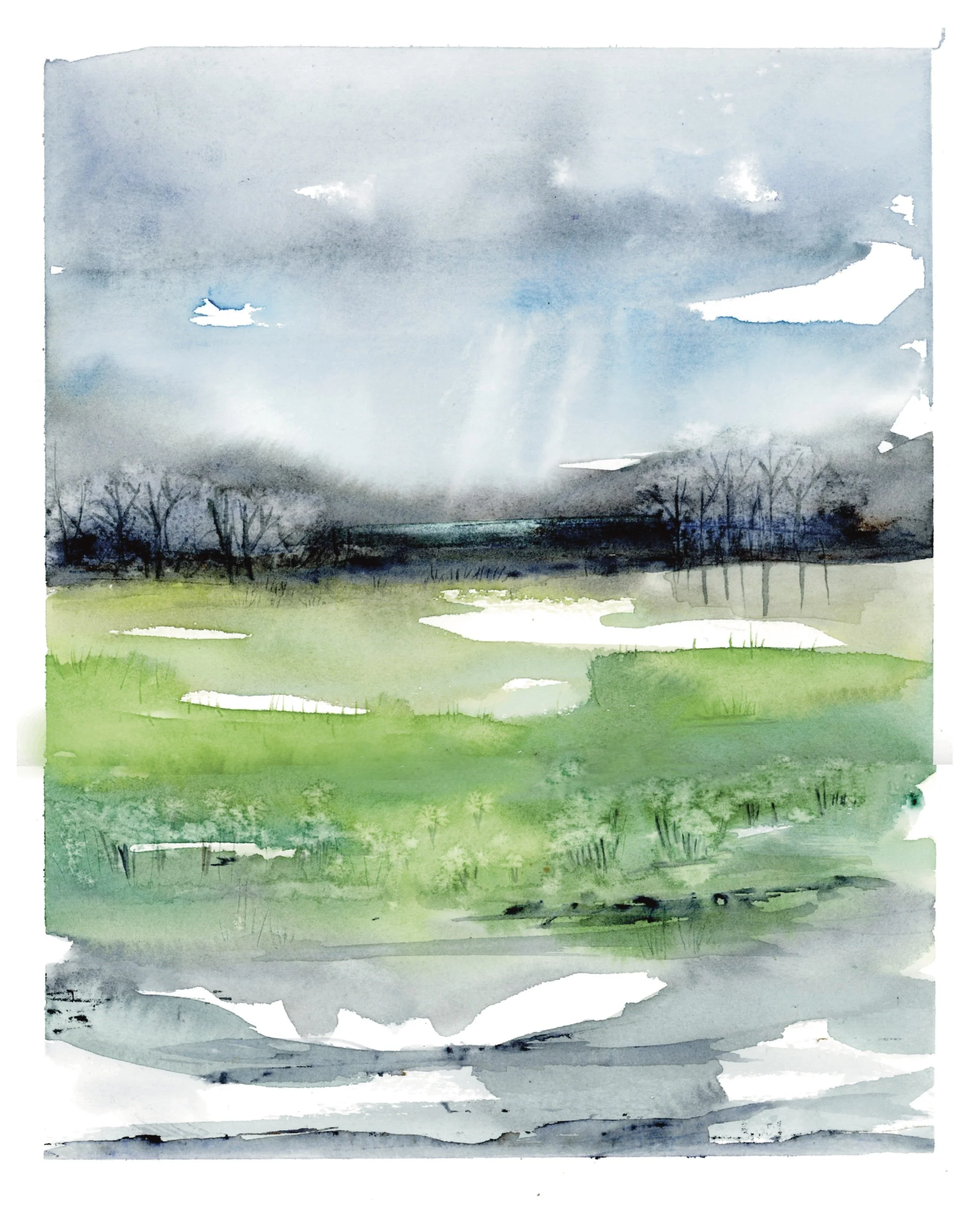 Watercolor landscape of a cloudy sky over a field with patches of grass and puddles, and a line of trees in the distance.