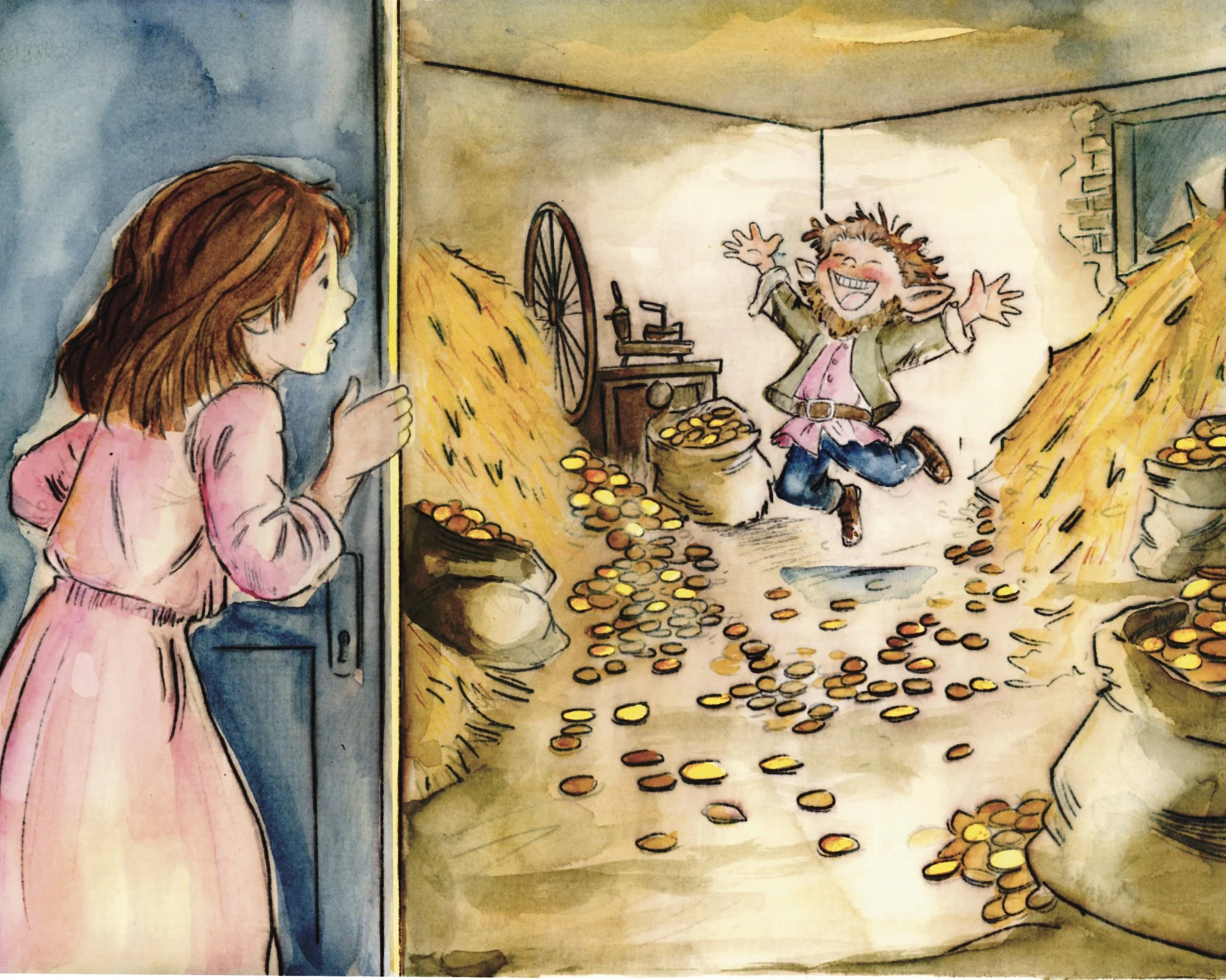 A young girl peering through a door at a room filled with bags of gold, with a mischievous creature happily playing among the gold coins.