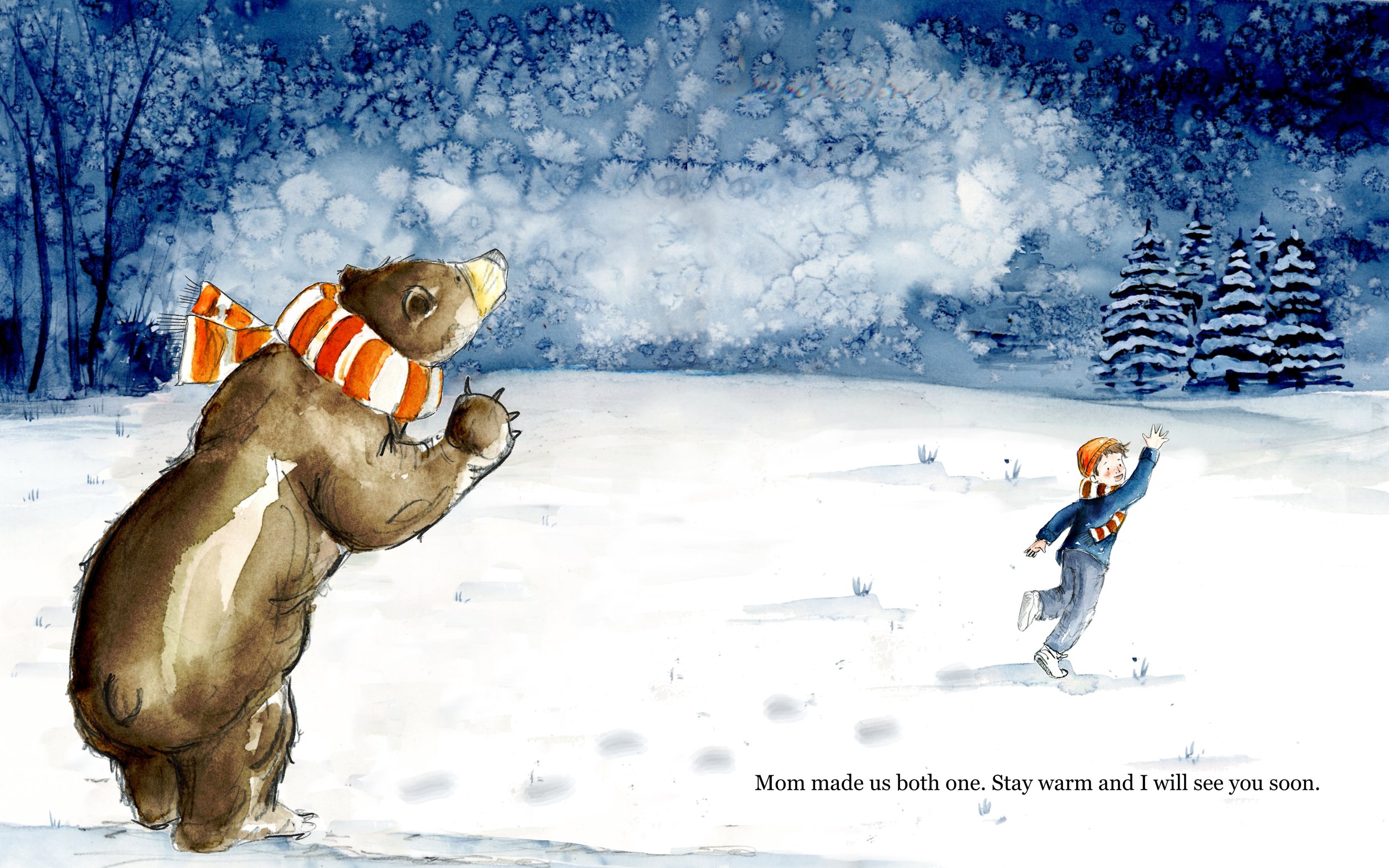 A girl wearing a blue coat, gray pants, and a red hat, smiling and waving as she runs through the snow. A large brown bear stands on its hind legs, wearing an orange-and-white striped scarf, looking at her in a friendly manner. The winter landscape f