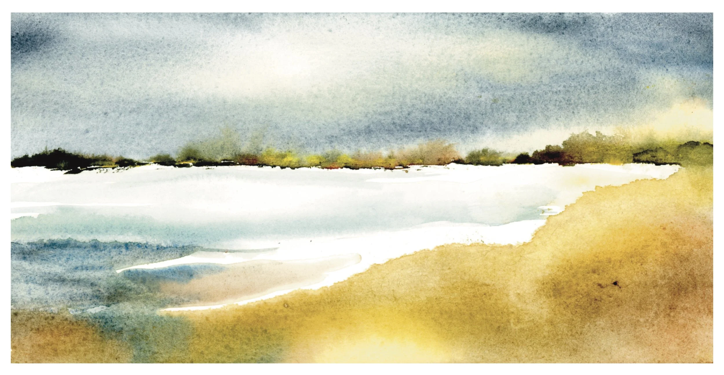 Watercolor painting of a beach with sandy shore, ocean waves, and a cloudy sky with distant land and trees on the horizon.