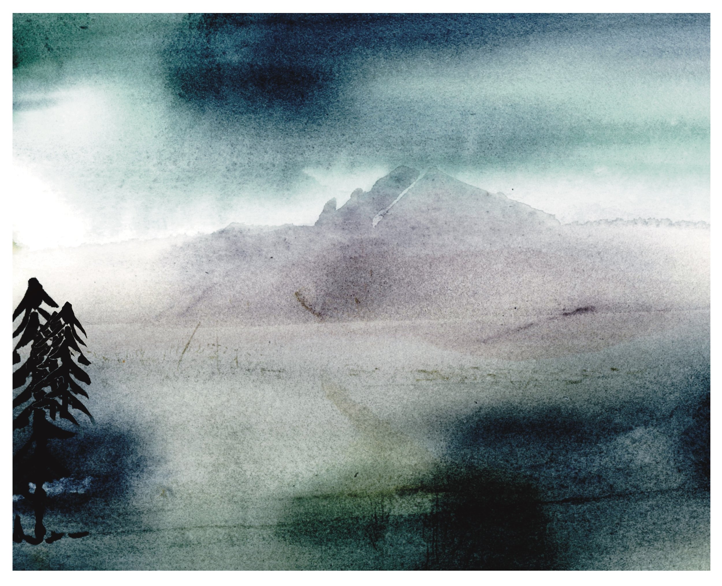 A watercolor painting of a mountain landscape with a prominent mountain peak in the background, fog or mist enveloping the scene, and dark silhouettes of trees in the foreground.