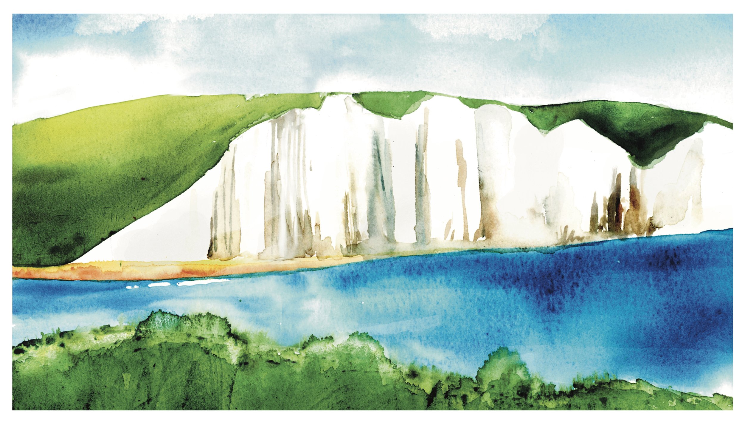 A watercolor painting of an ocean scene with white cliffs, green hills, and a blue body of water in the foreground.