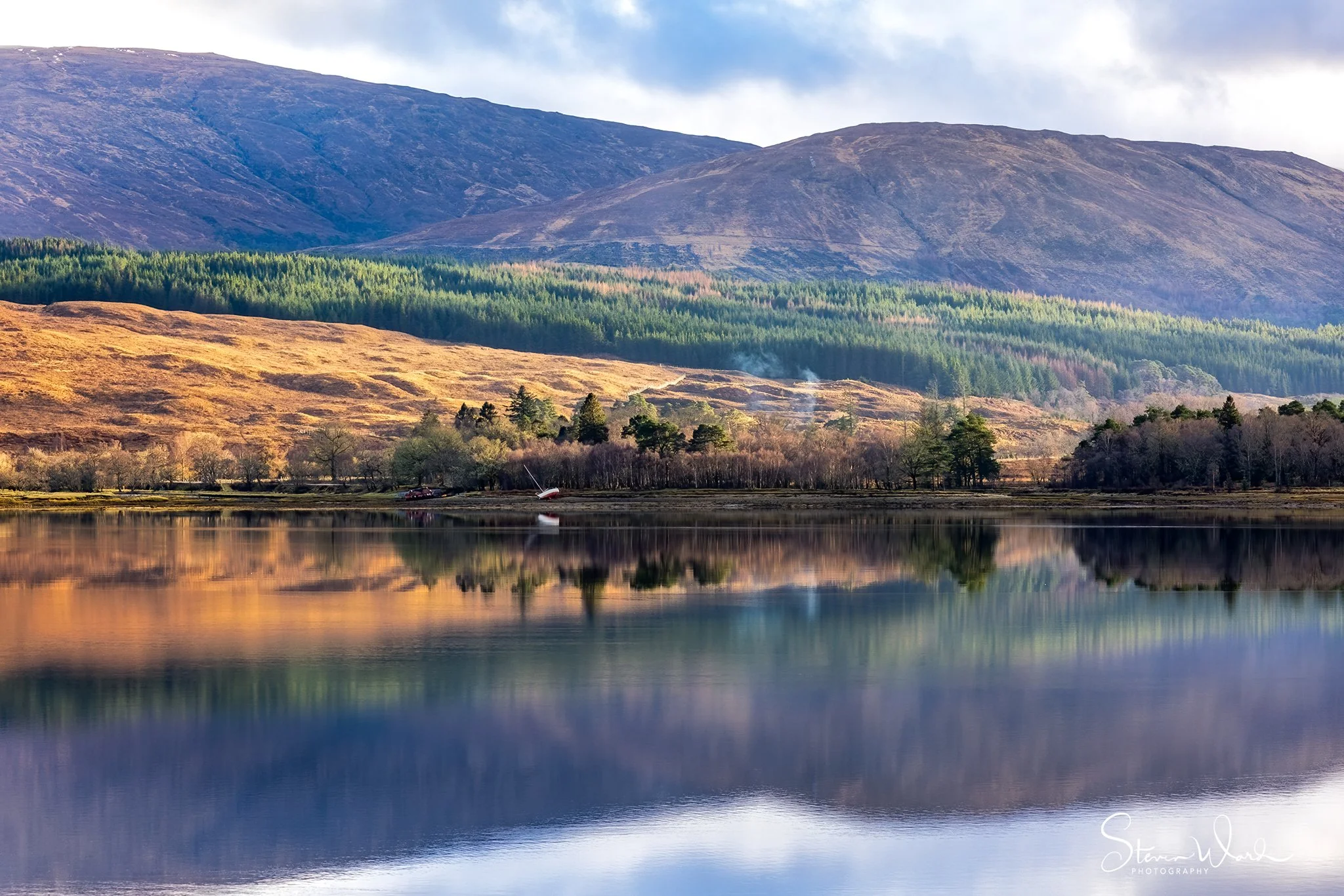 A tranquil lake reflecting a mountain range with a forested hillside, dry grass, and a few trees along the shoreline.