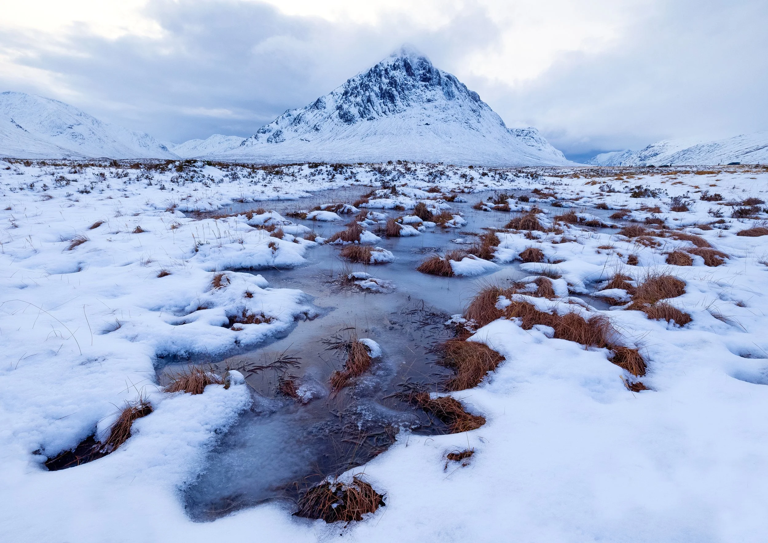 Snow-covered field with patches of dry grass and a small stream, with a snow-capped mountain in the background under gray clouds.