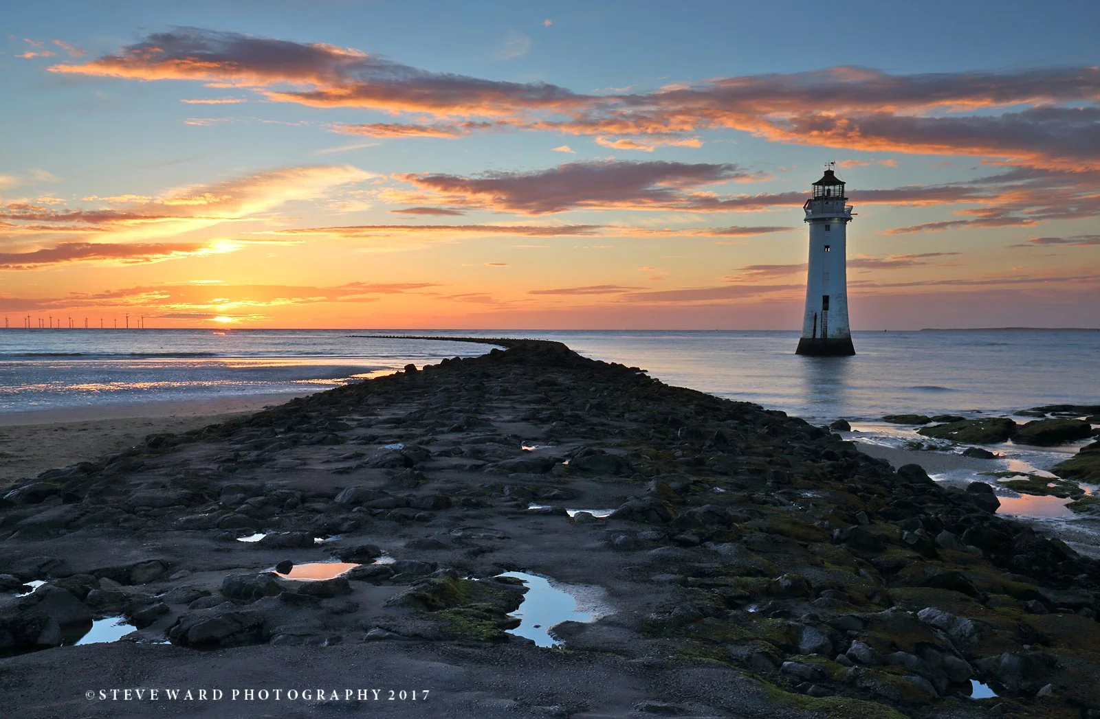 A lighthouse on the rocky coast during sunset, with a partly cloudy sky and wind turbines in the distance on the left.