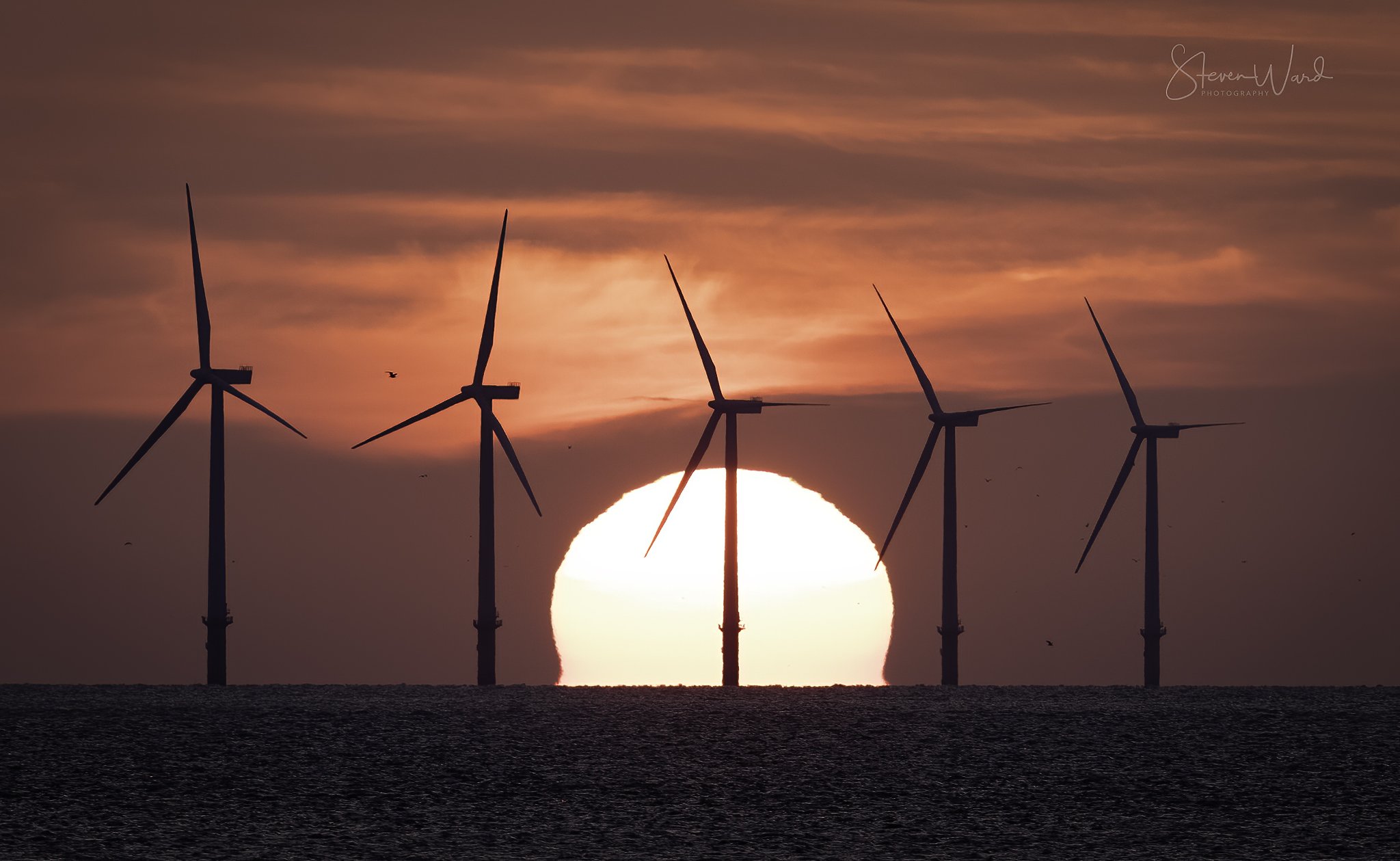 Offshore wind turbines silhouetted against a vibrant sunset over the ocean with a large sun on the horizon.