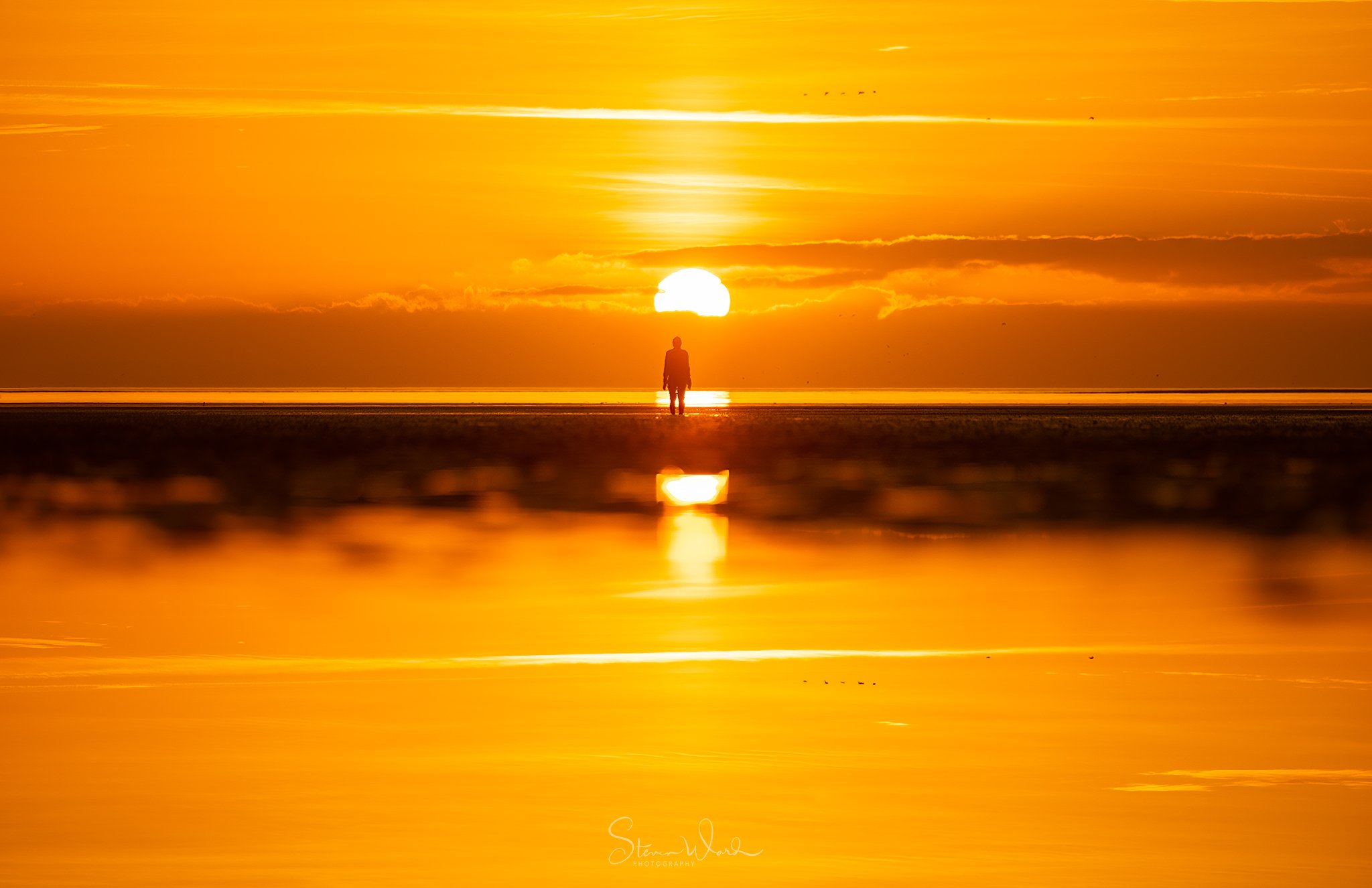 A solitary person standing on a beach during sunset, with their reflection visible in the water.