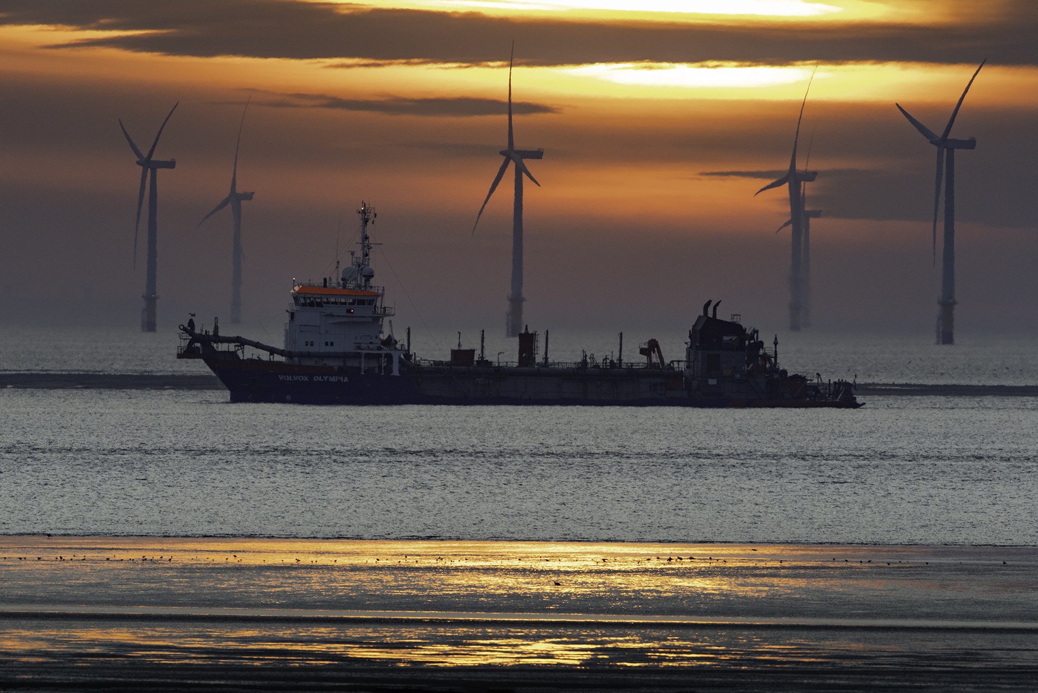 A boat named 'Volvox Olympia' sailing on the ocean at sunset with wind turbines in the background.