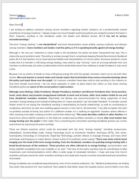 About Current Church Handbook Policy on Energy Healing
