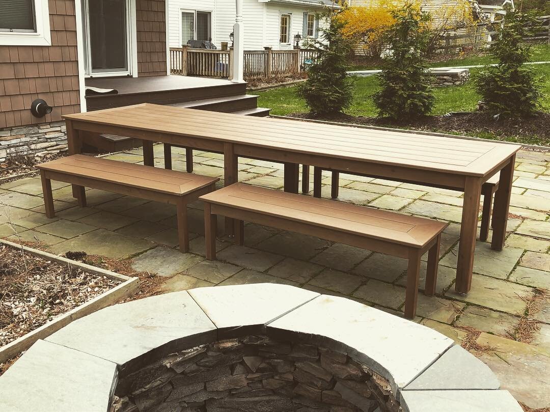Just in time for the season and capable of seating a large crowd. 12&rsquo; long table with 4 matching benches. Solid cedar base with composite top.