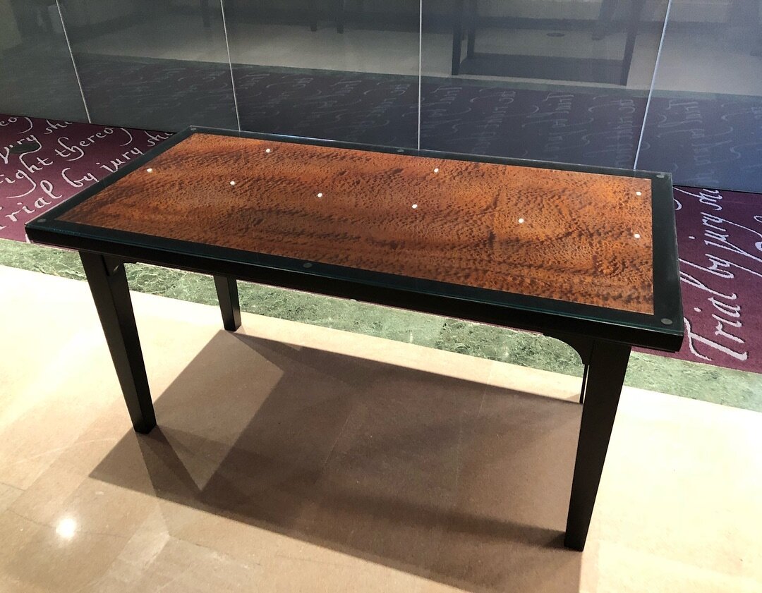 Custom tables featuring stunningly figured pommele sapele centers. Drexel University&rsquo;s Thomas R. Kline School of Law. Six of each style, twelve total.