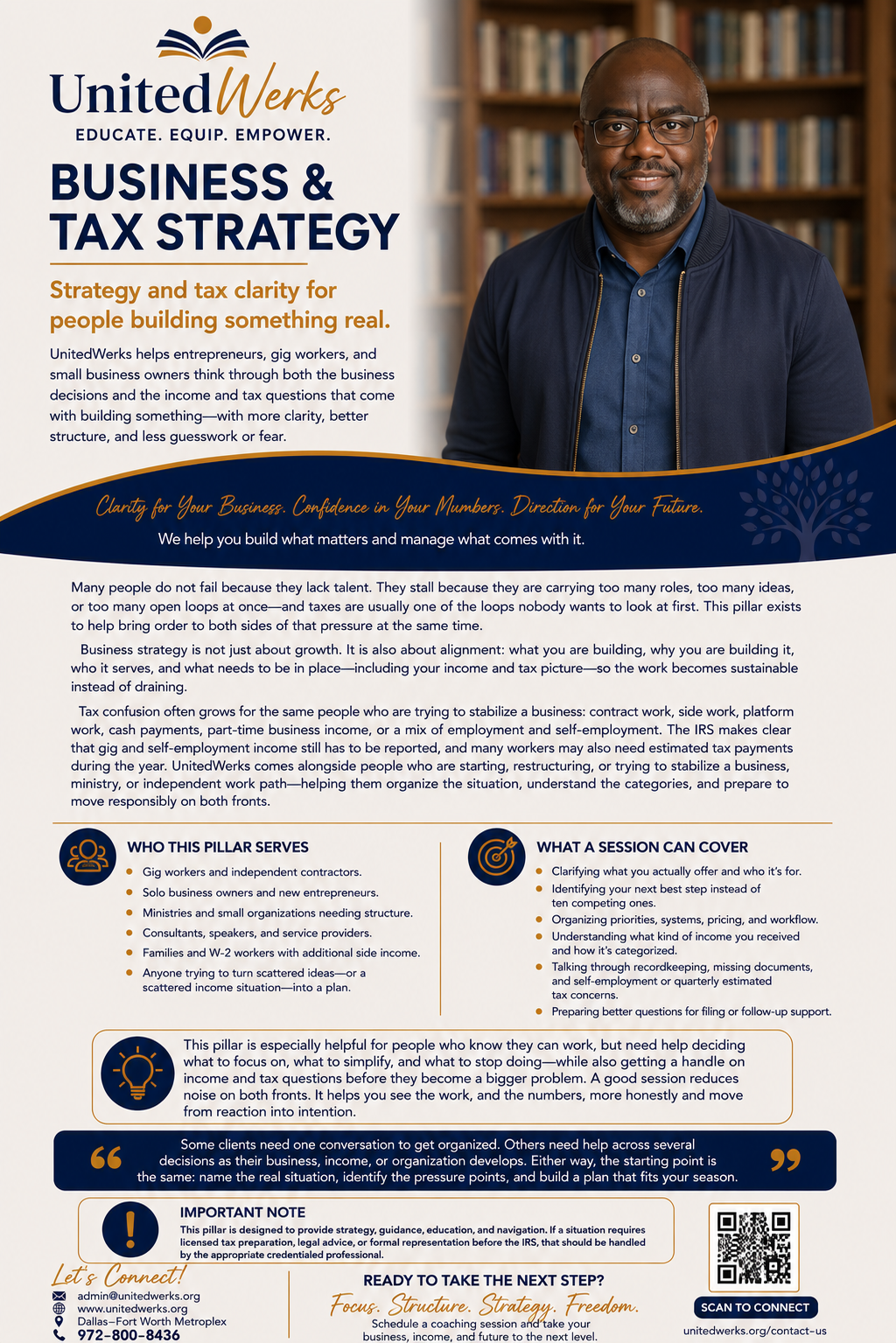 A promotional flyer for UnitedWeks' business and tax strategy services. It features a man in glasses and a blue jacket in front of a bookshelf, alongside text about business planning, tax clarity, and consulting for entrepreneurs, gig workers, and small business owners.