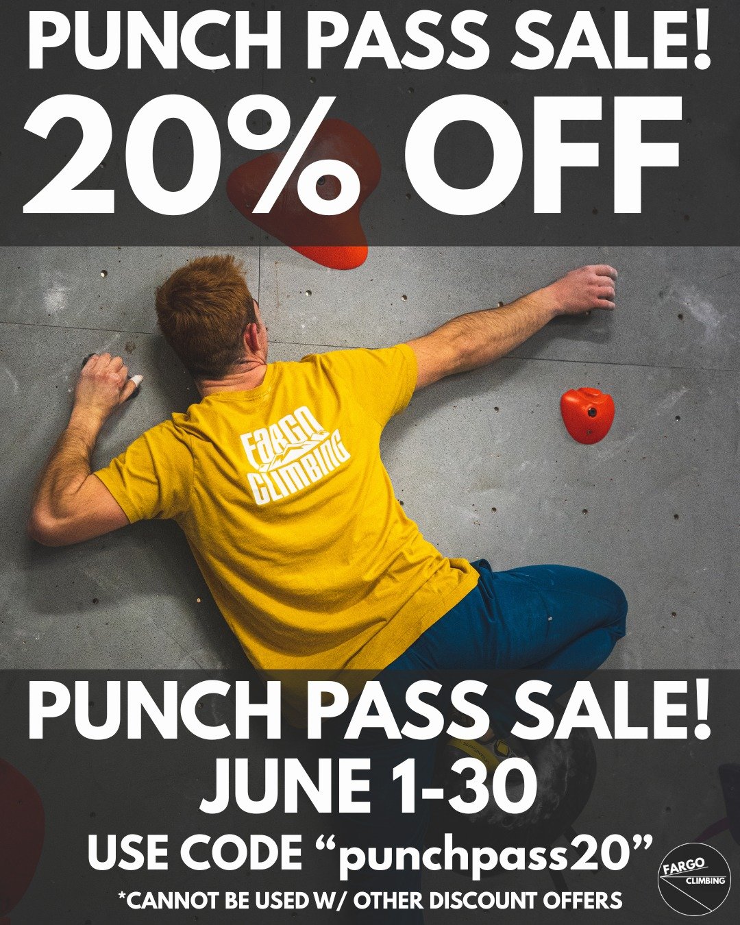 Punch Passes are on sale now! 20% Off! June 1-30! Use code &quot;punchpass20&quot;
More Climbing, Less $$$.
Punch Passes are shareable &amp; never expire!
 #Fargo #moorhead