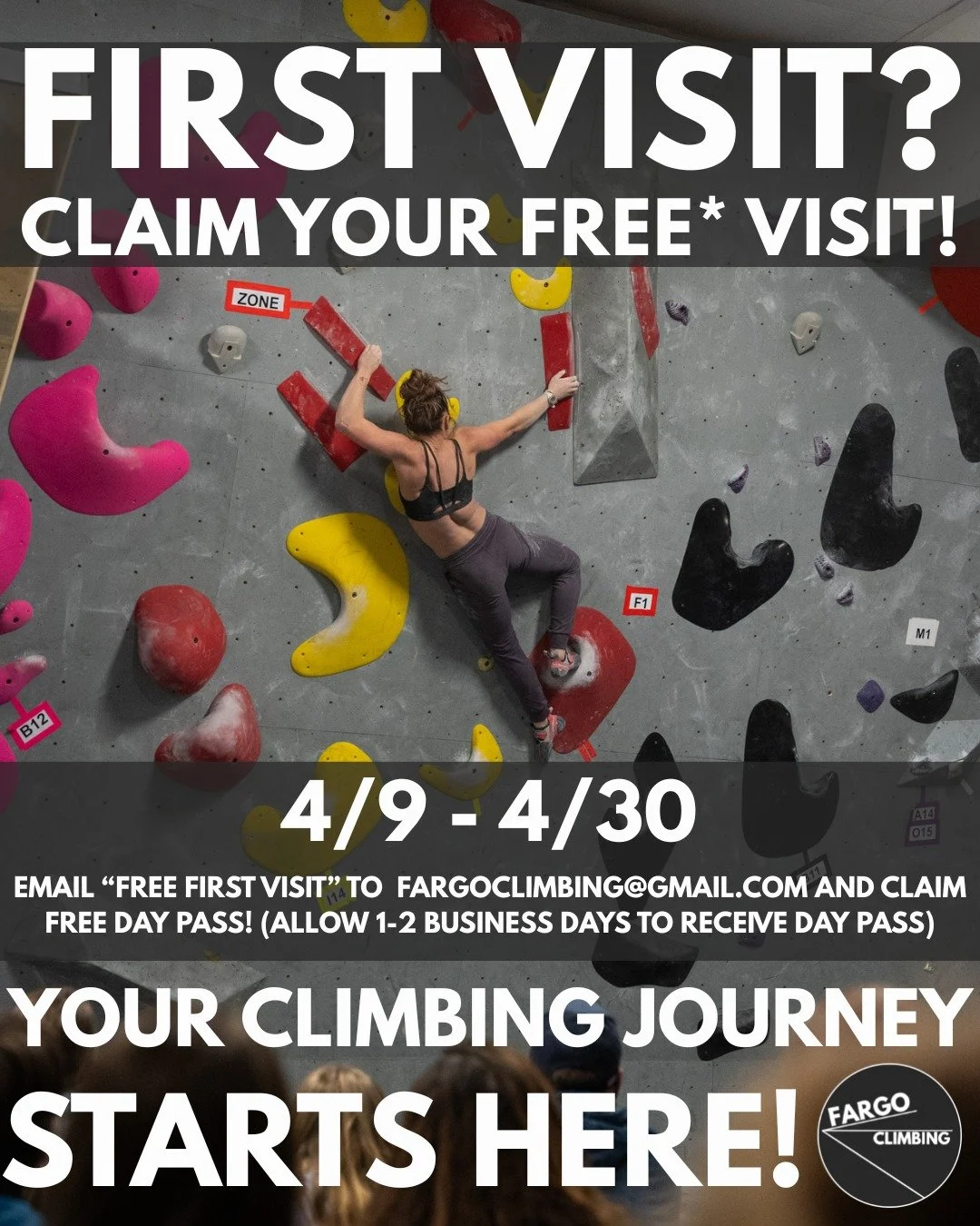Your climbing journey starts.... NOW!
Never been to Fargo Climbing? Maybe you've been on the fence about coming? Procrastinating making the best decision of your life? Procastinating adding community &amp; a fun way to be active?
Your FIRST visit is 