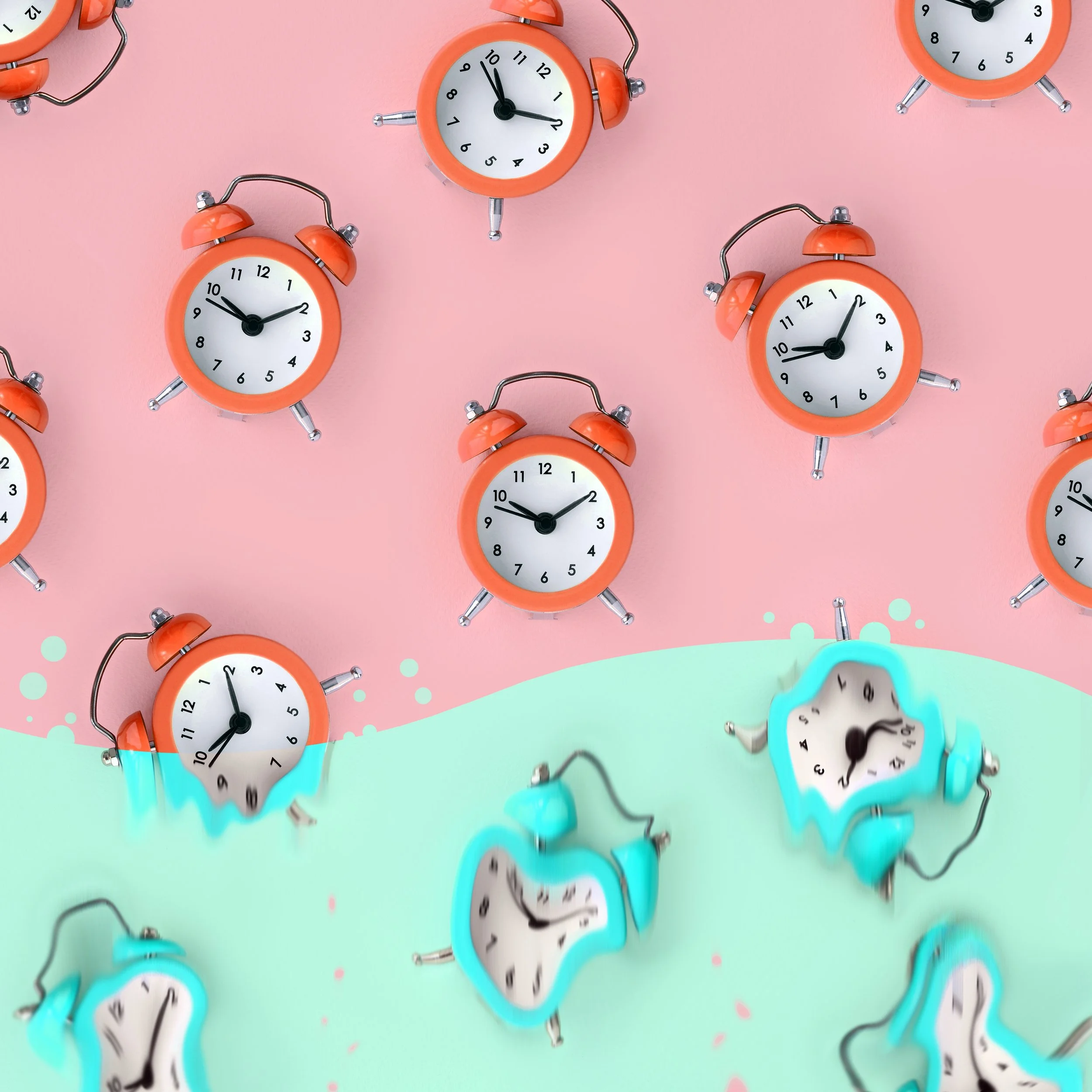 Multiple orange and blue alarm clocks with melting and distorted faces on a split pink and light green background.