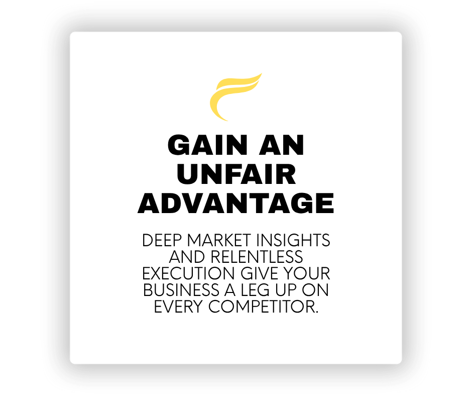 A business flyer with bold text that reads 'Gain an unfair advantage' and additional text about market insights and business growth, with a yellow abstract logo at the top.
