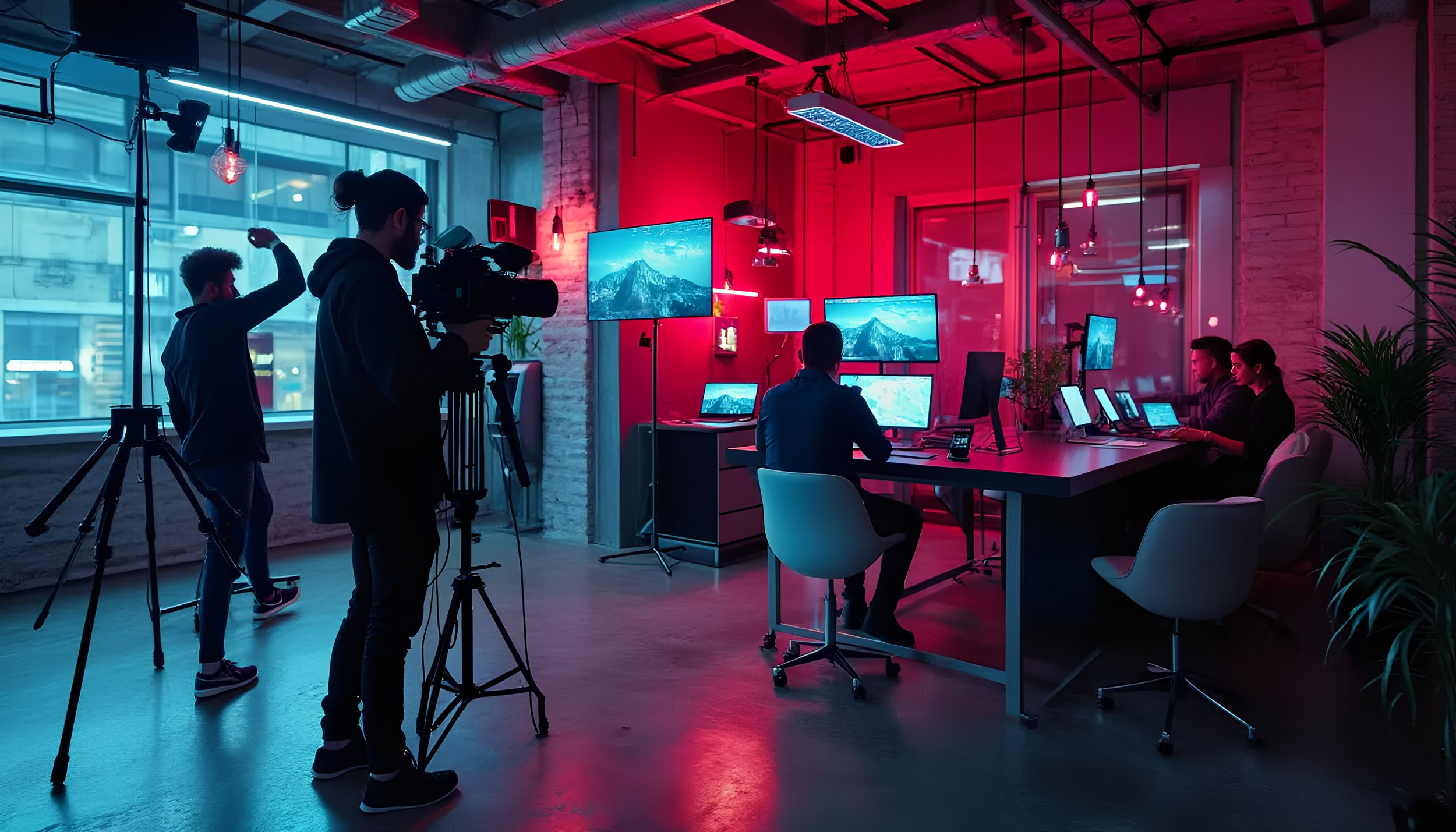 People working in a modern, colorful office with multiple computer screens and a camera crew filming.