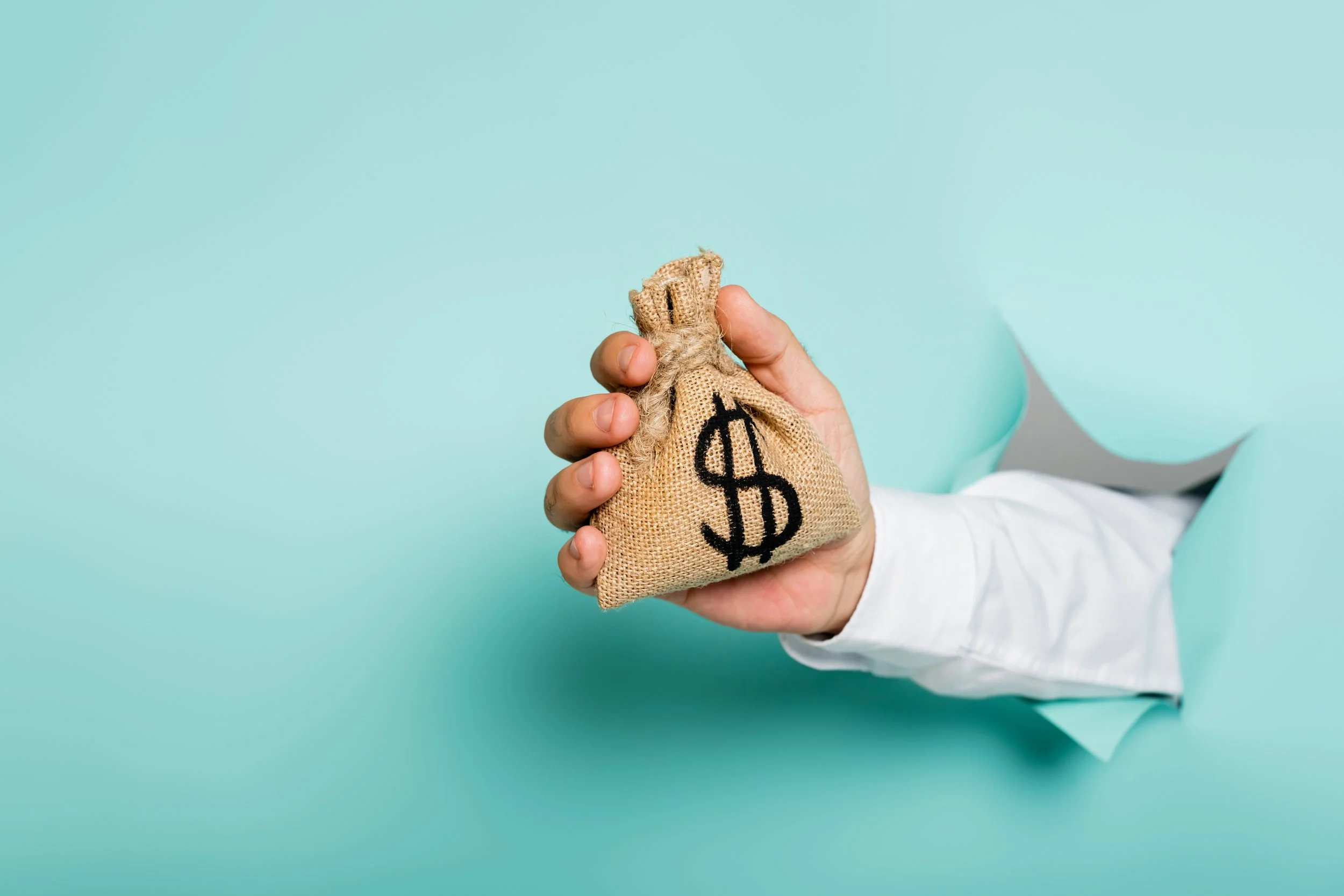 Person holding a small cloth money bag with a dollar sign on it, emerging through a paper tear in a light blue background.
