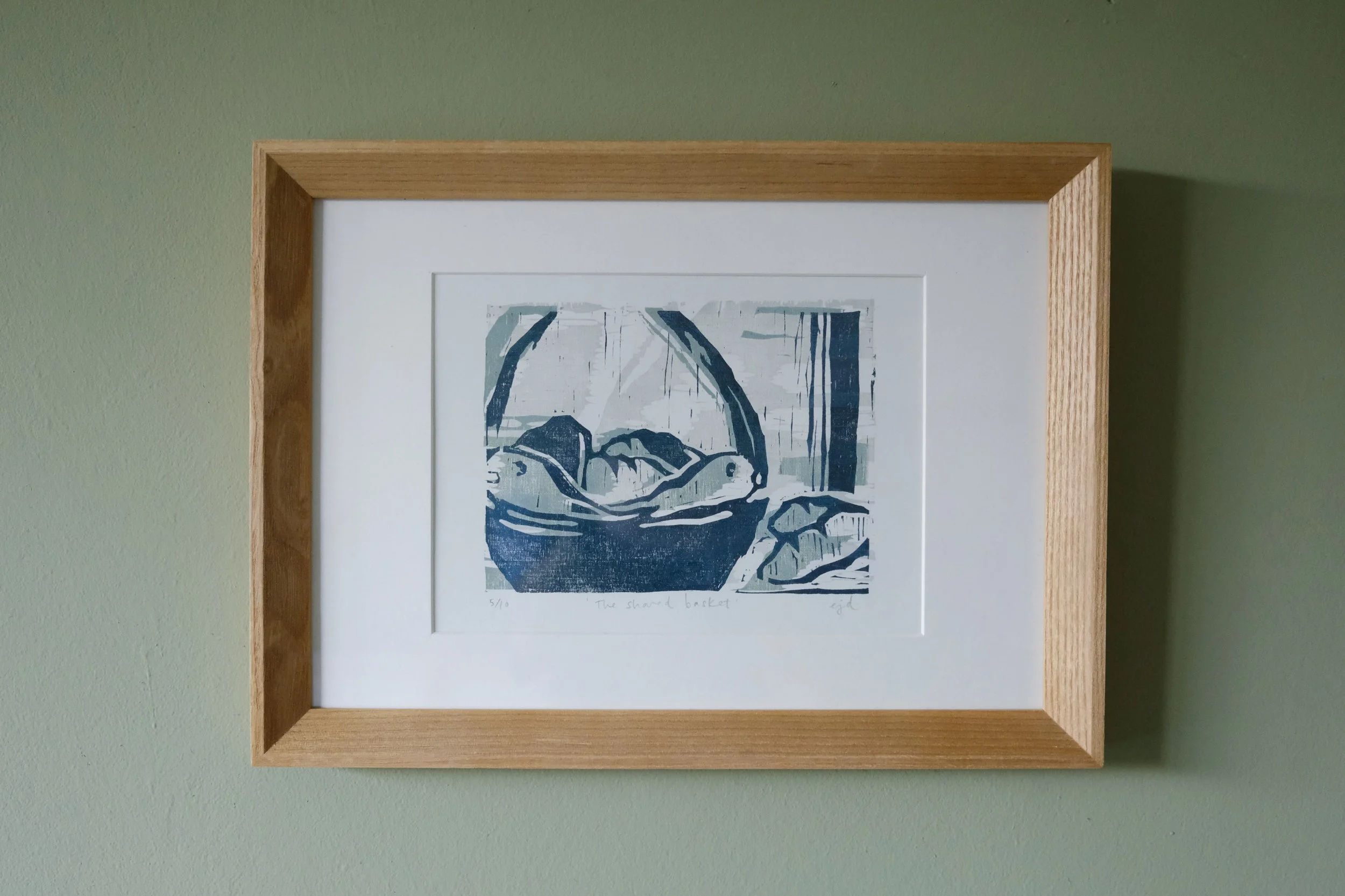 The Shared Basket - Original Handmade Woodcut Print