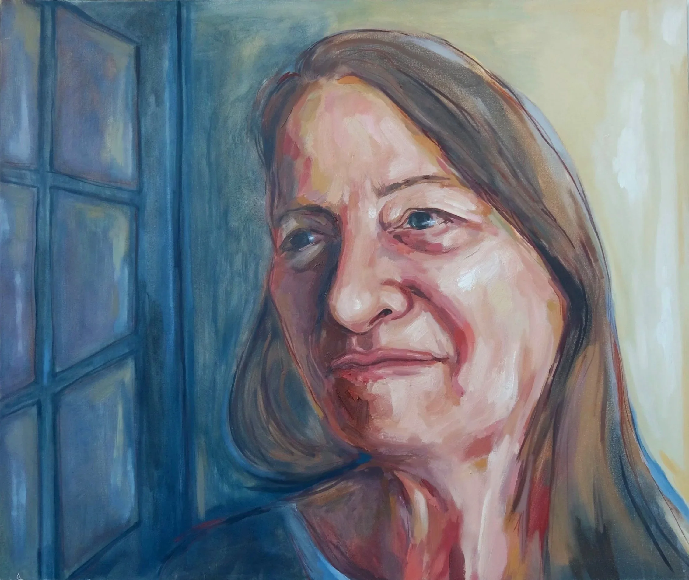 A painting of a woman with long brown hair, looking to the side with a slight smile, against a background of a blue door or window frame on the left and a beige wall on the right.