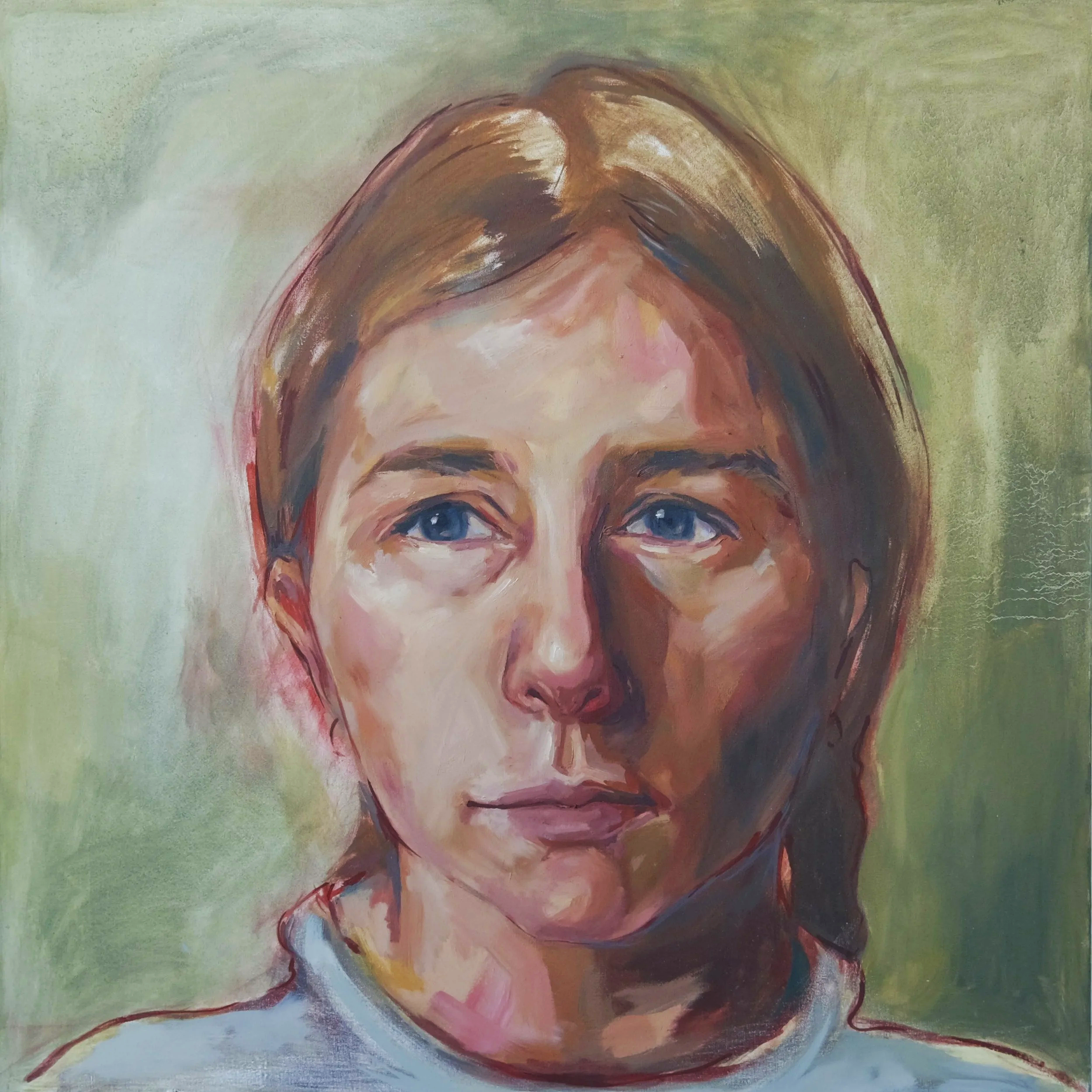 Painted portrait of a young woman with light brown hair and blue eyes, wearing a white shirt, against a green background.