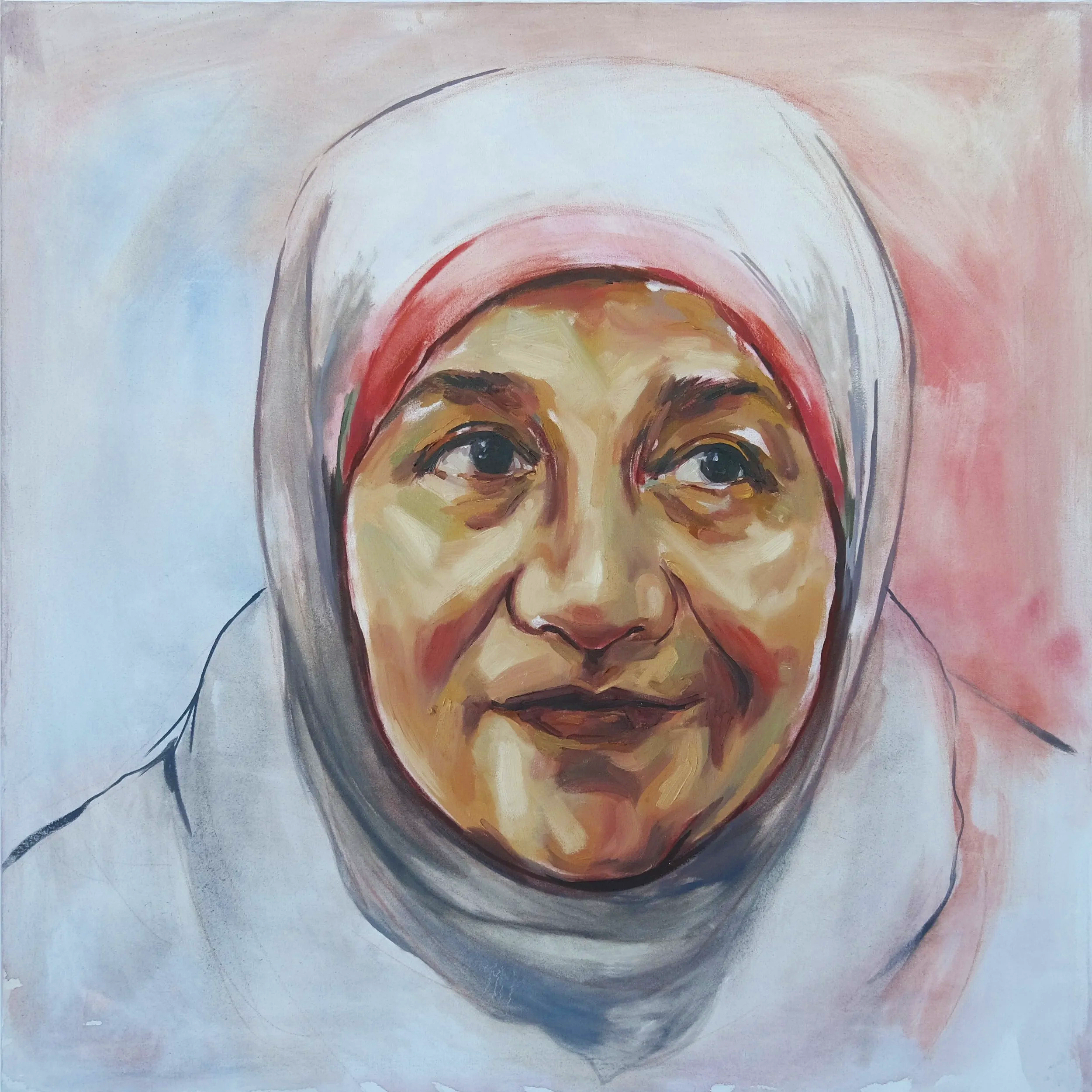 A portrait painting of an elderly woman wearing a white hijab with a pink inner lining, smiling gently, with a soft pink background.