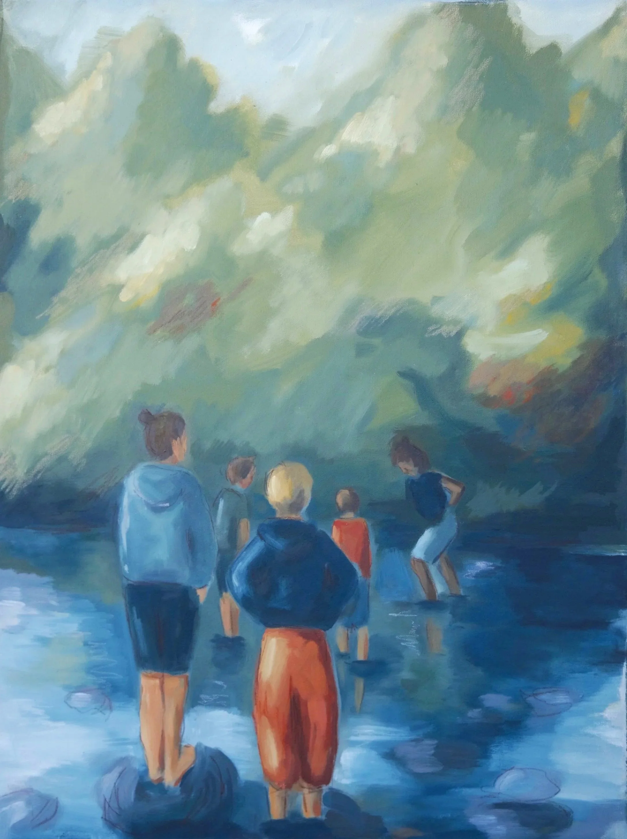 A painting of children wading in a river with a cloudy sky overhead.