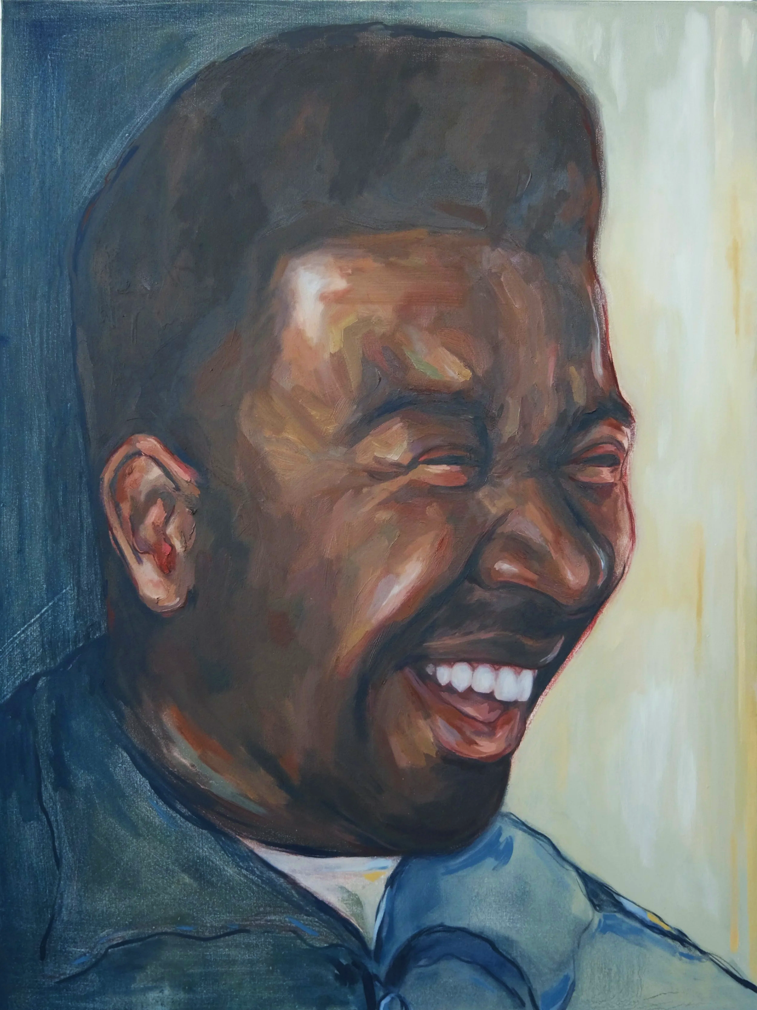 Portrait of a man laughing with eyes closed, painted in a realistic style.