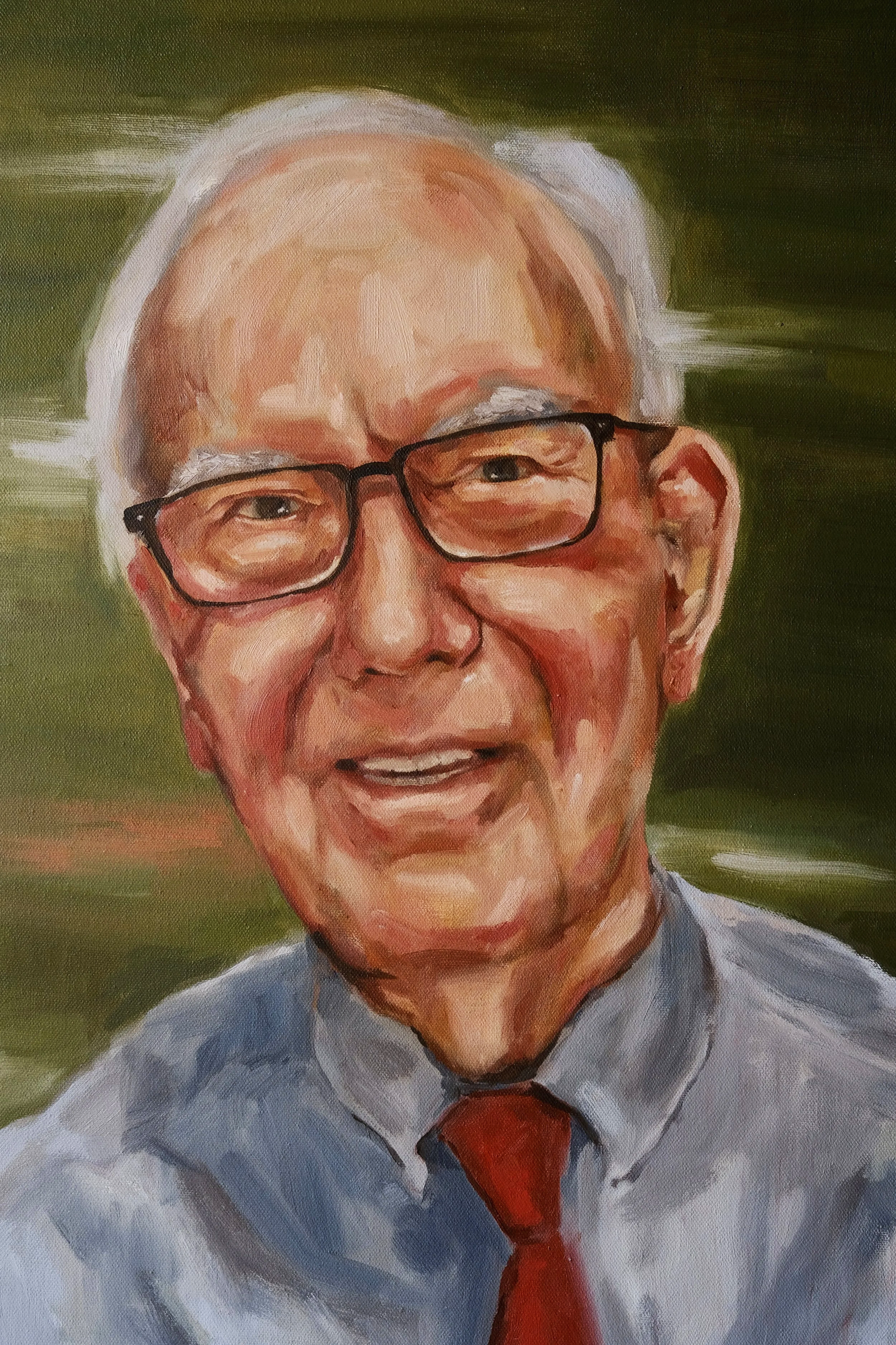 Painted portrait of an elderly man with glasses, smiling, wearing a shirt and a red tie, with a blurred green background.