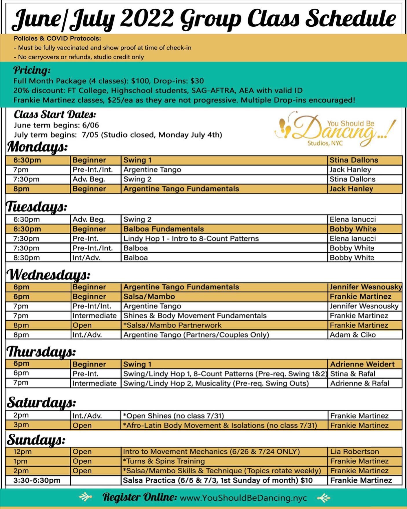 June/July Group Class Schedule is ready&hellip; New term starts next week! 
Link in bio to register. 
#swing 
#salsa
#argentinetango
#balboa
#dancelessons
#dancenyc 
#youshouldbedancing