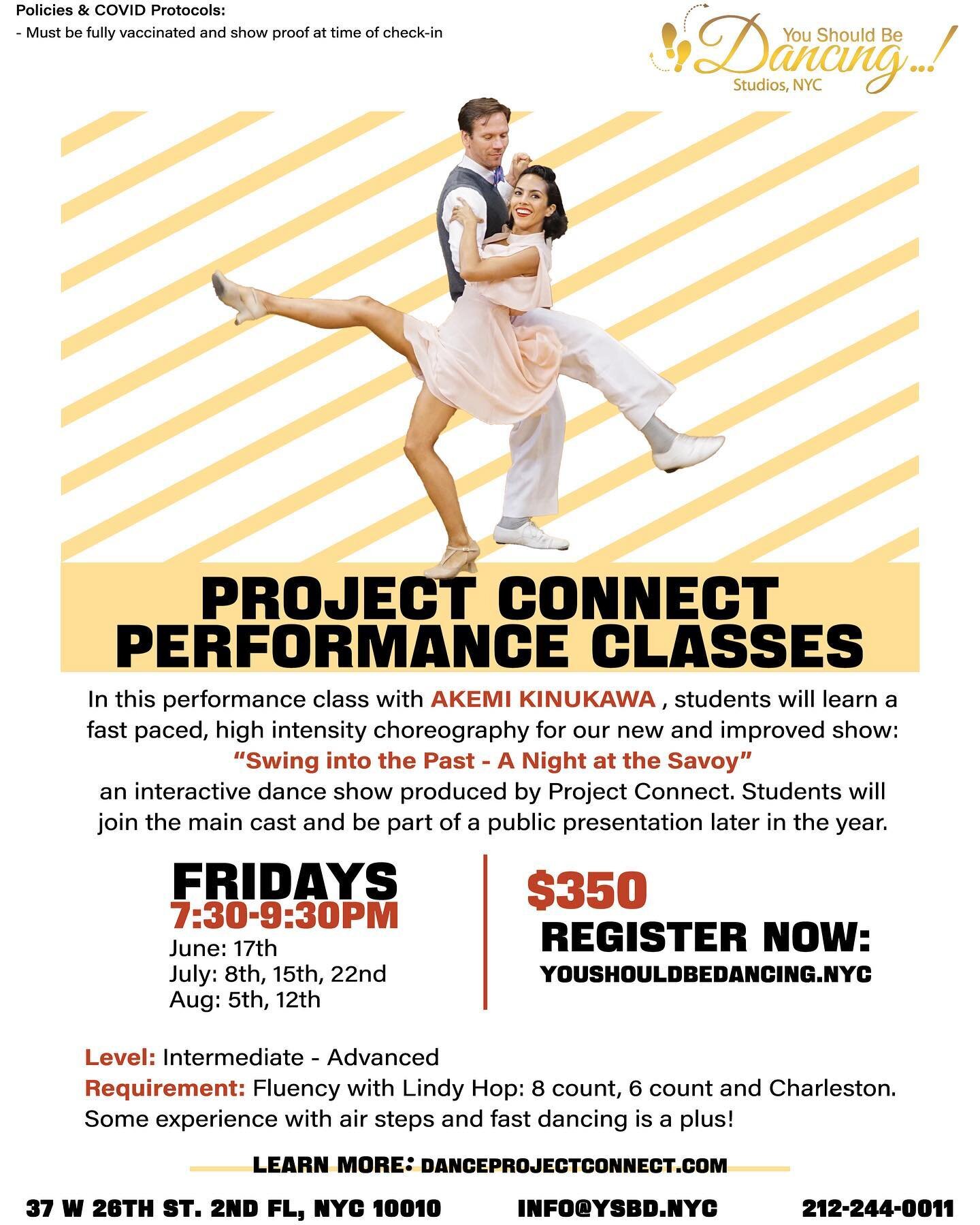 Project Connect is back! 

Requirement: Fluency with Lindy Hop moves including 8 count, 6 count and Charleston. Some experience with air steps and fast dancing is a plus!

In this performance class, students will learn a fast paced, high intensity ch