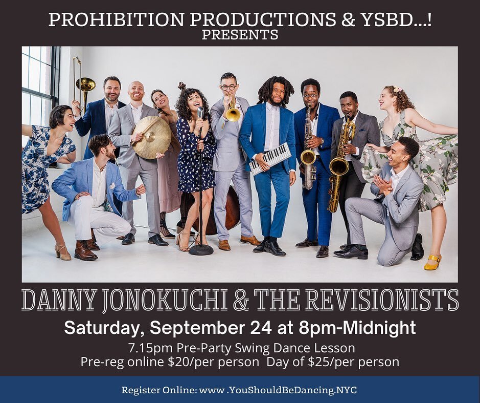 Join us every month for the best swing bands in town at the new gorgeous new YSBD studios with an amazing floor, plenty of space, cash bar, and tons of AC.
*DANNY JONOKUCHI &amp; THE REVISIONISTS (3x sets 8:20-11:30pm)
*DJ ANDRIUS (8-12/during band b