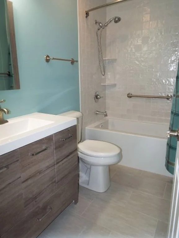 Bathroom with sink, toilet, shower and tub. The shower curtain is pulled to the right side of the photo. Grab bar on the back wall of the shower, and corner shelves next to the hand-held shower sprayer. There is a cabinet under the sink on the left s