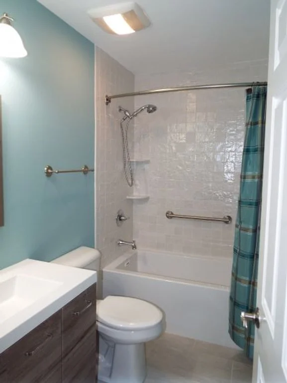 Bathroom with sink, toilet, shower and tub. The shower curtain is pulled to the right side of the photo. Grab bar on the back wall of the shower, and corner shelves next to the hand-held shower sprayer.