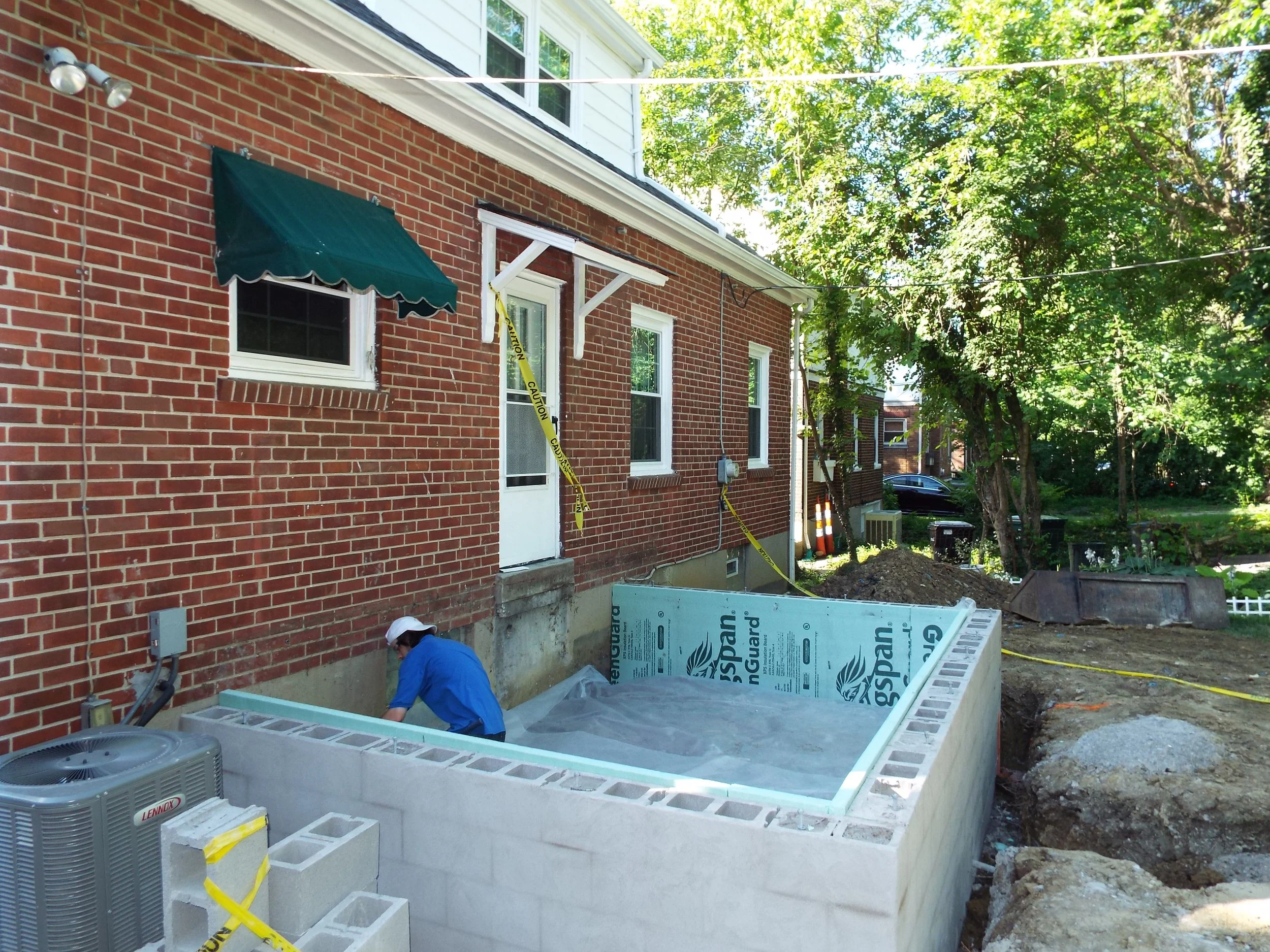 Outdoor view of block walls and foundations