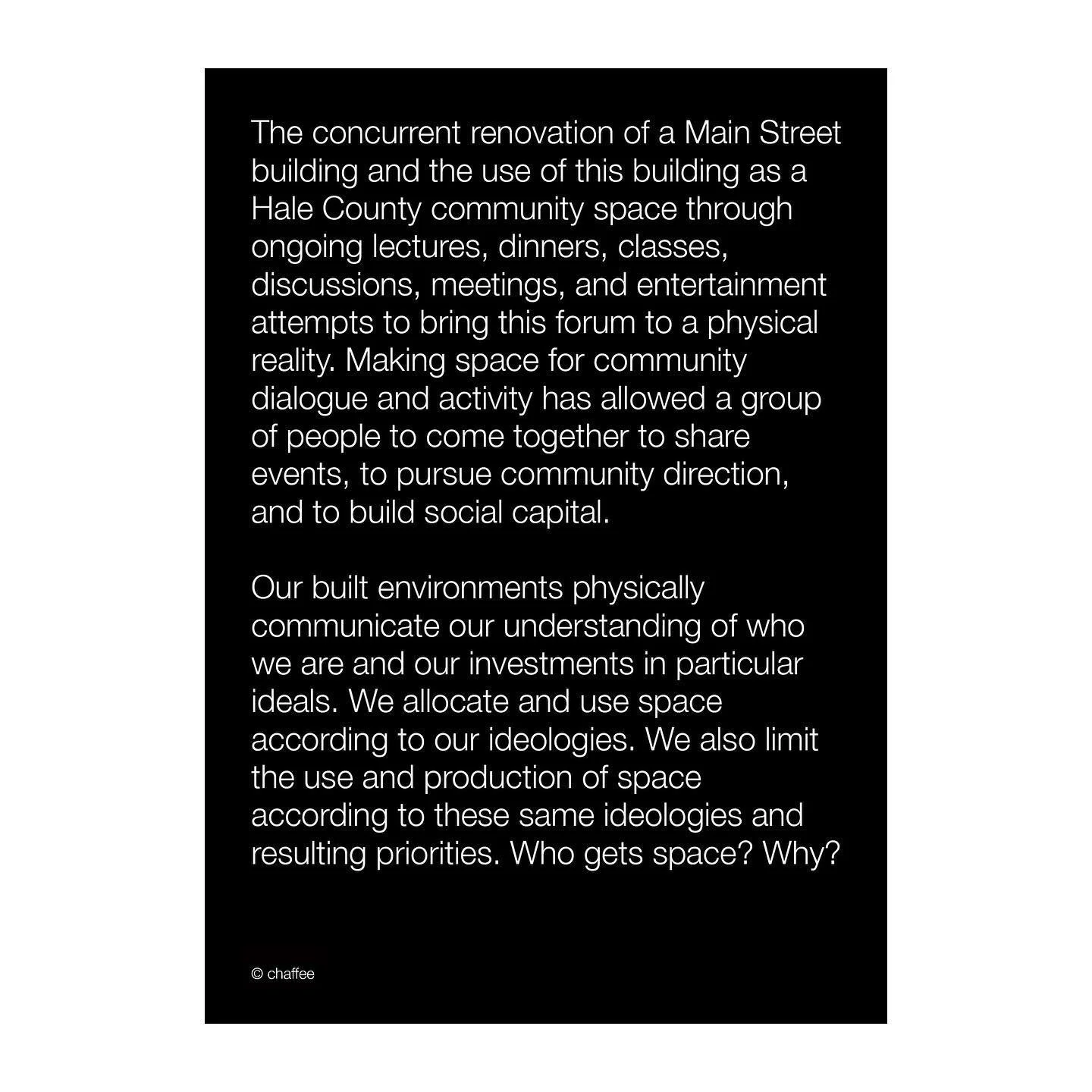 Outsidein. A Community Space for Hale County.

Common spaces where communities gather, debate, plan, educate, recreate, imagine, and laugh together are becoming increasingly unavailable and insignificant in our American culture. Does a lack of shared