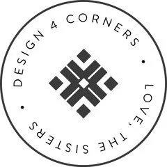 Design 4 Corners Love the Sisters black and white logo with geometric pattern in circle.