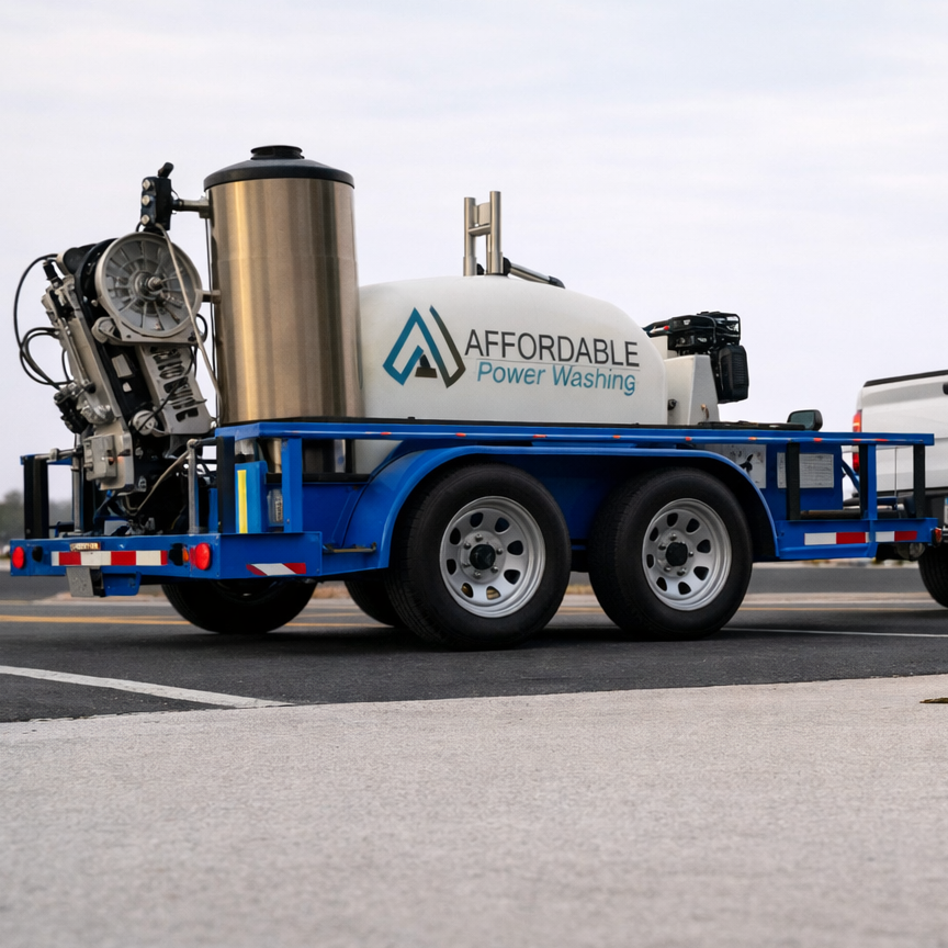 A mobile power washing machine with a blue frame and white tank, labeled "Affordable Power Washing," parked on a paved surface with a cloudy sky.