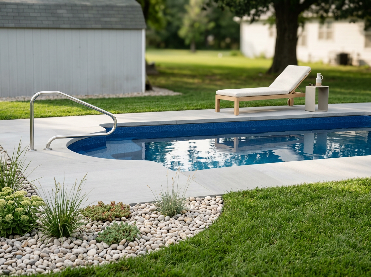 A backyard with a swimming pool, white lounge chair, and a side table with a pitcher and glasses on it. Green grass and trees in the background.
