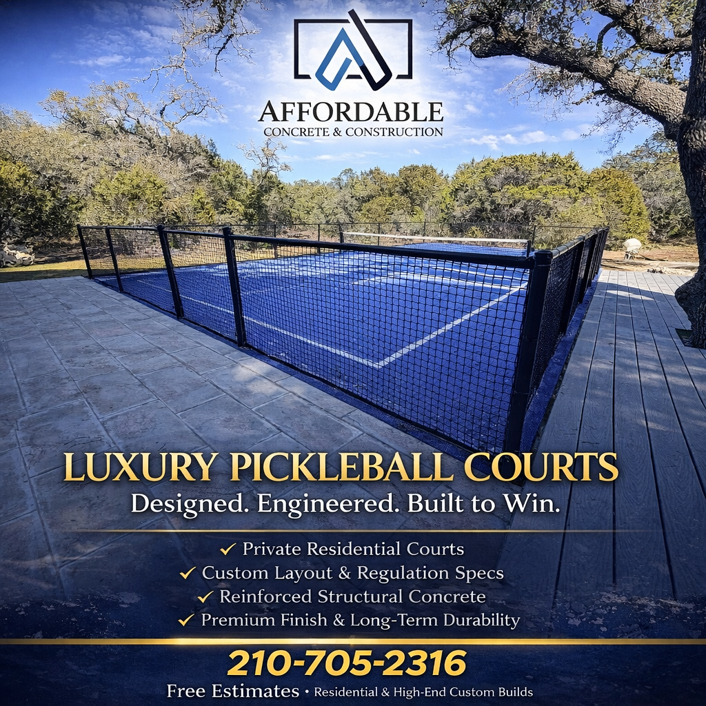 A promotional flyer for luxury pickleball courts by Affordable Concrete & Construction, showing a fenced pickleball court outdoors with trees and a clear sky in the background. The flyer includes the company logo, tagline, and contact information.