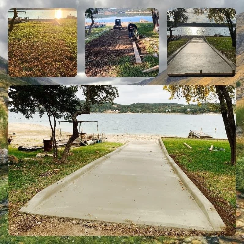 A collage of four images showing a lakeside setting with a concrete pathway leading to the water, trees lining the path, a swing hanging from a tree, and ongoing construction of a new pathway.