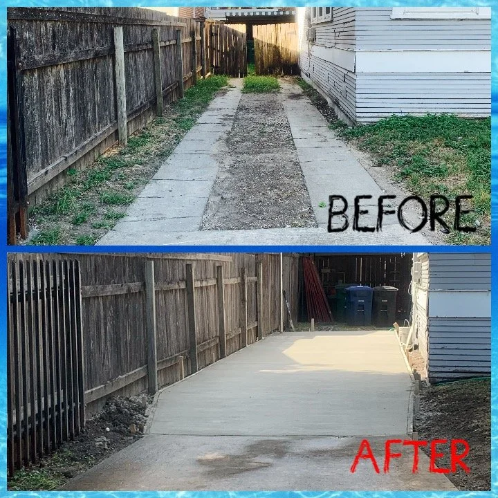 Comparison of a backyard path before and after concrete resurfacing. The "before" photo shows a narrow, uneven concrete path with dirt patches and a weathered wooden fence on the left, and a house on the right. The "after" photo shows a smooth, fresh