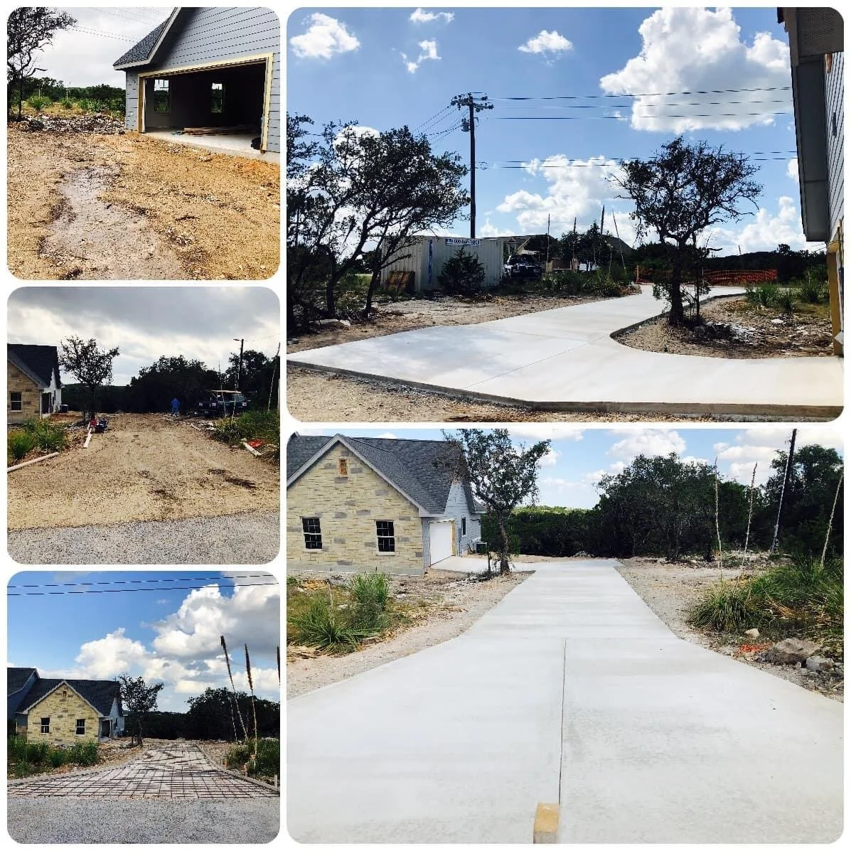 Sequence of images showing the stages of driveway construction around a house. The initial images depict the unfinished dirt driveway, followed by the pouring of concrete, and ending with a finished smooth concrete driveway.