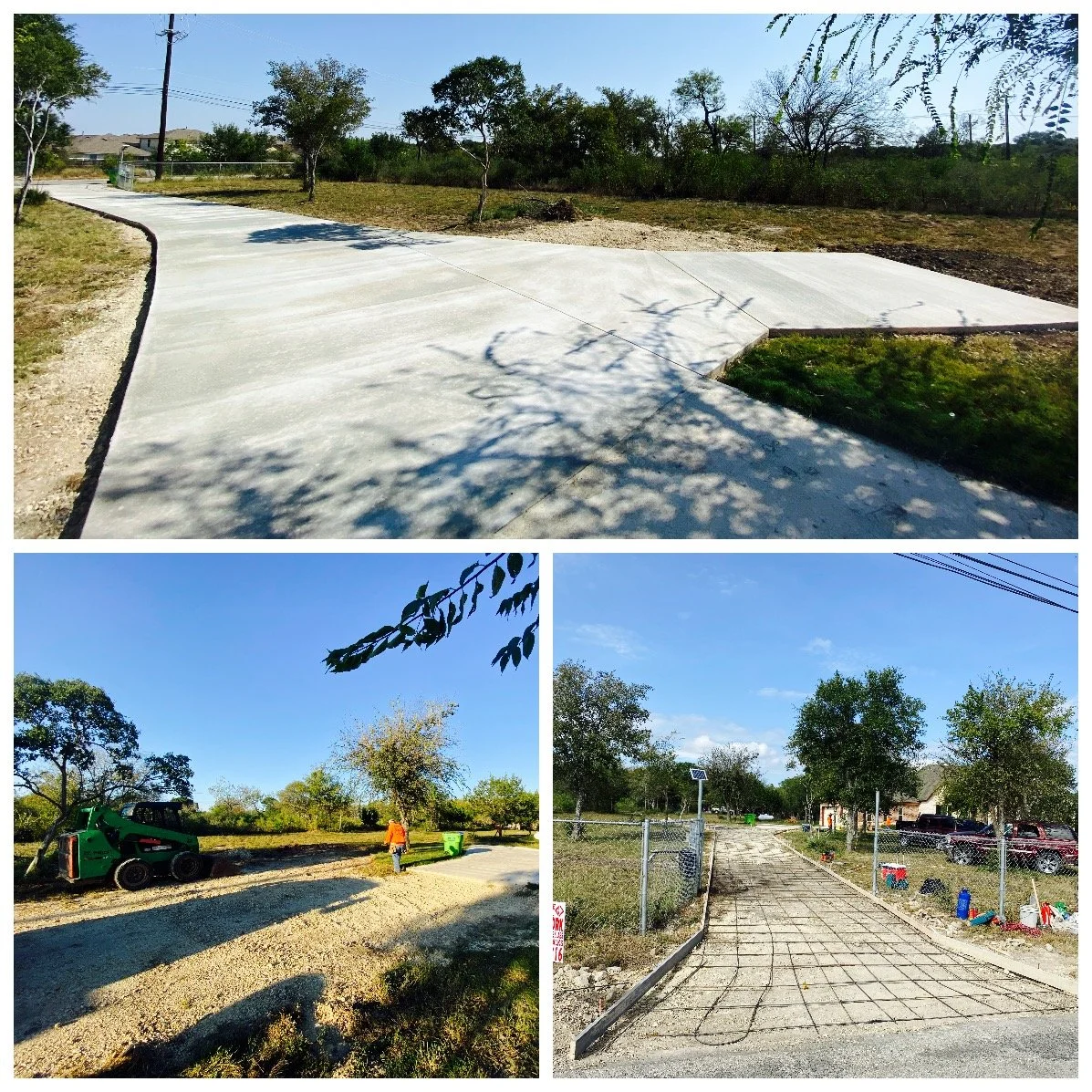 Three photos showing different stages of construction of outdoor concrete pathways and driveways, with trees, blue sky, and some equipment and vehicles around.
