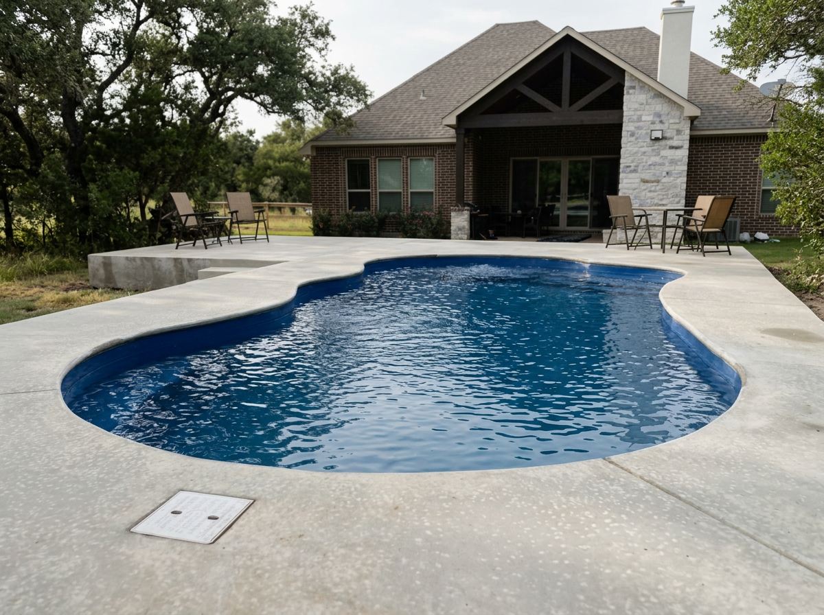 Backyard swimming pool with curved edges, surrounded by a concrete deck, with a house in the background featuring a covered patio and outdoor chairs, trees, and a cloudy sky.