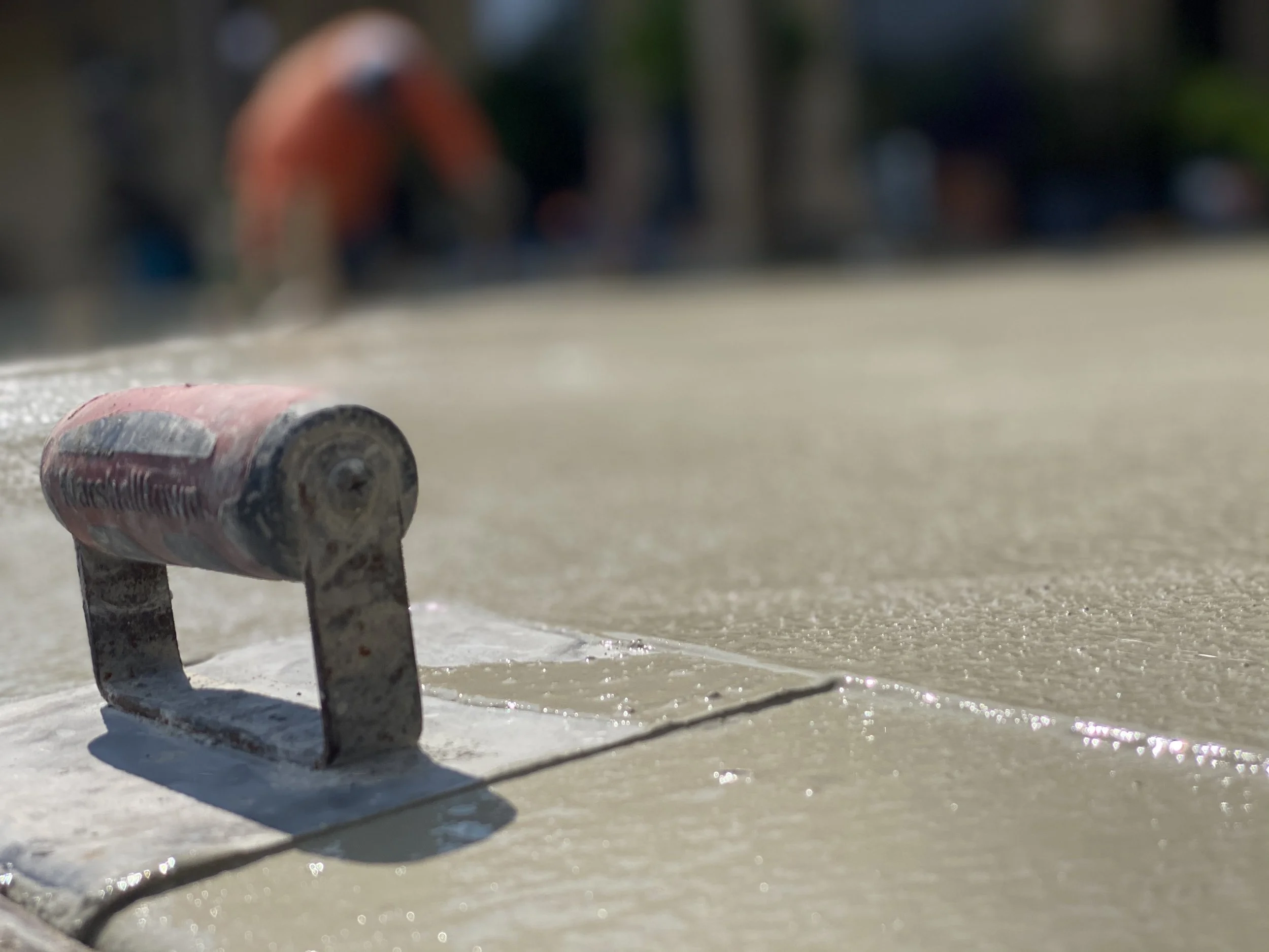 A close-up of a skateboard wheel on a concrete surface, with a blurred background of people and trees.