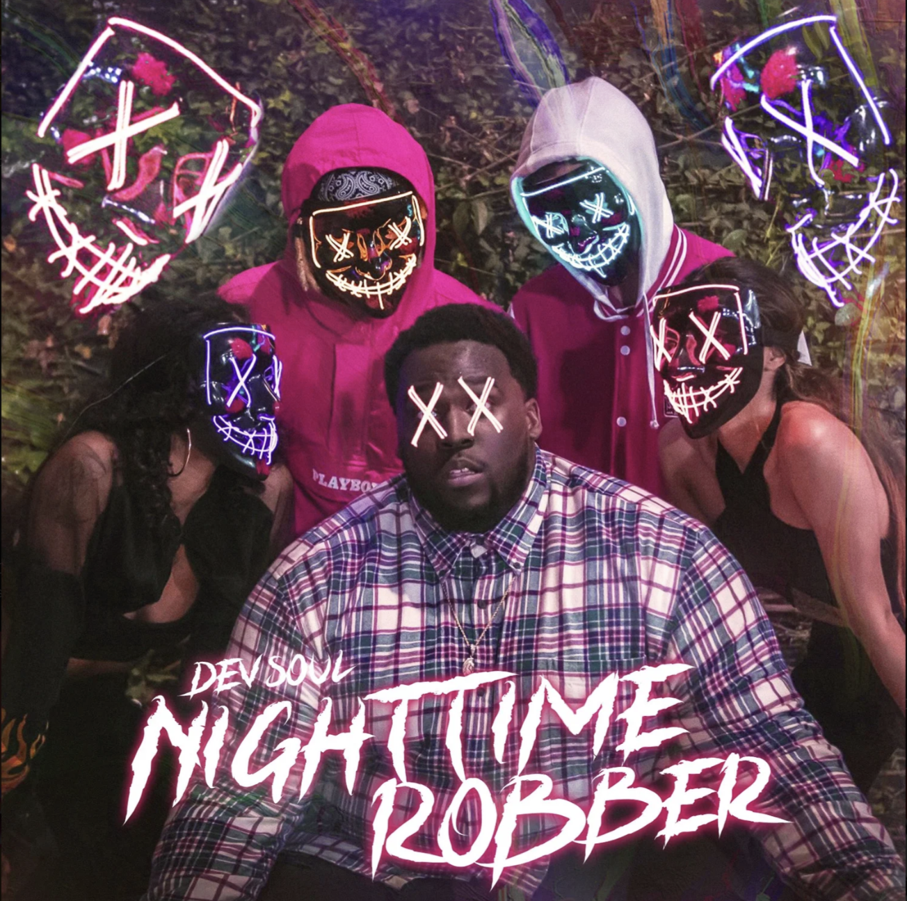 Group of people wearing illuminated skull masks with X's in place of eyes, outside at night, with neon and colorful lights.