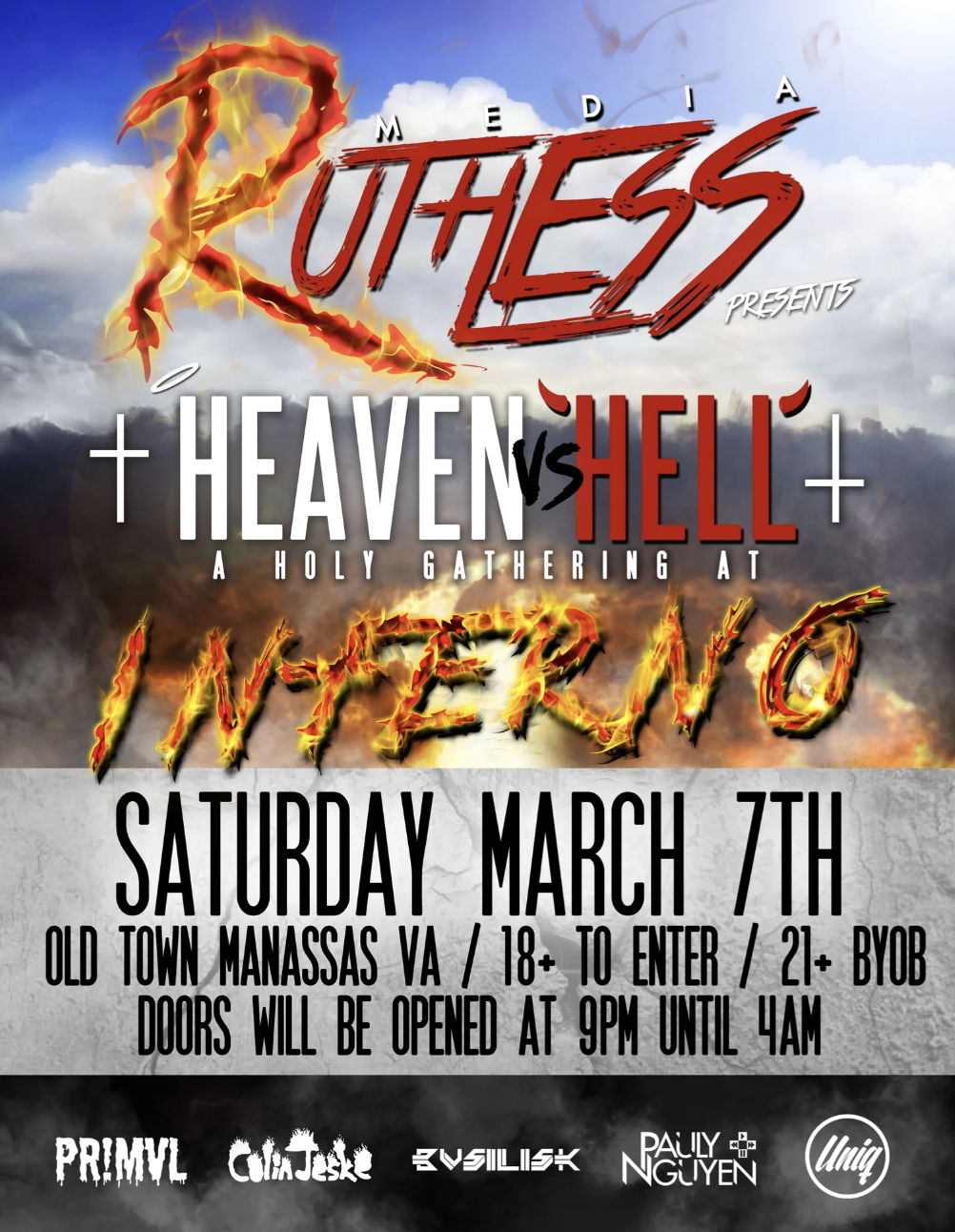 Event poster for 'Heaven vs Hell,' a holy gathering happening on Saturday, March 7th at Old Town Manassas, Virginia. Features fiery text and imagery of clouds and fire with multiple sponsor logos at the bottom.