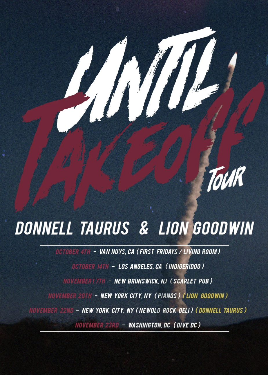 Tour poster for HUNTING TAURUS, showcasing tour dates in various cities with supporting acts Donnell Taurus and Lion Goodwin, including locations and venues.