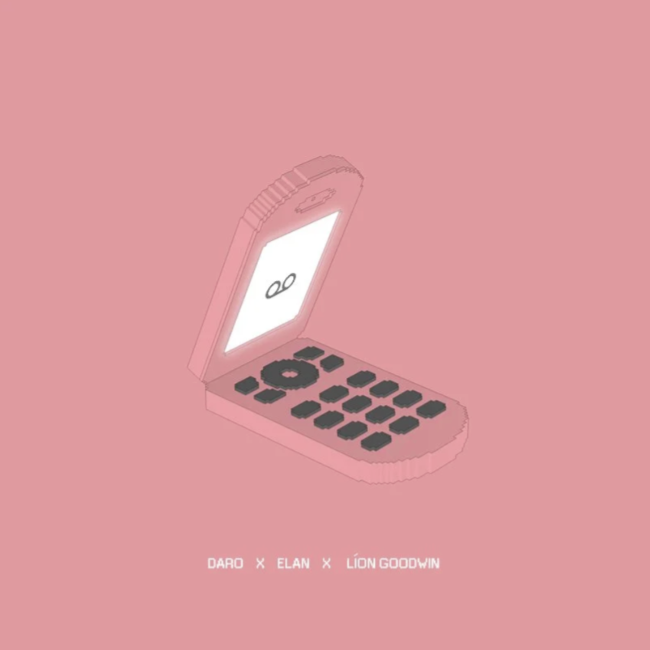 Illustration of a pink flip phone with black buttons and a white screen displaying an infinity symbol, set against a pink background. Text at the bottom reads "DARO X ELAN X LION GOODWIN."